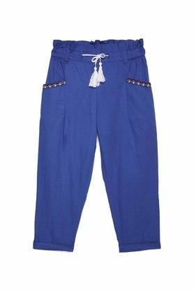 cotton regular fit mid rise girls pants - blue