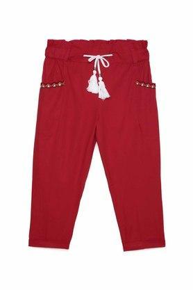 cotton regular fit mid rise girls pants - red