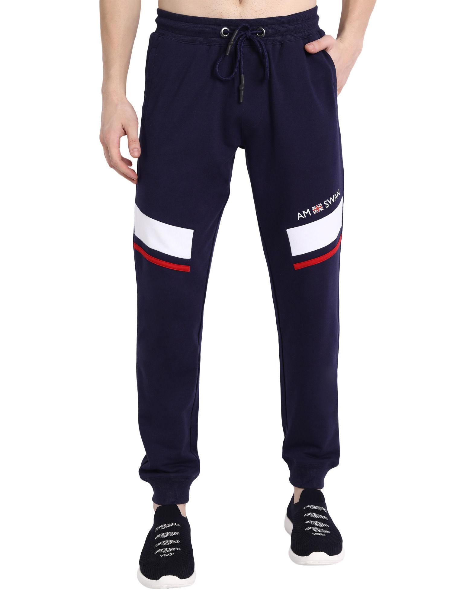 cotton rich lycra with contrast pannel colorblock joggers in navy blue