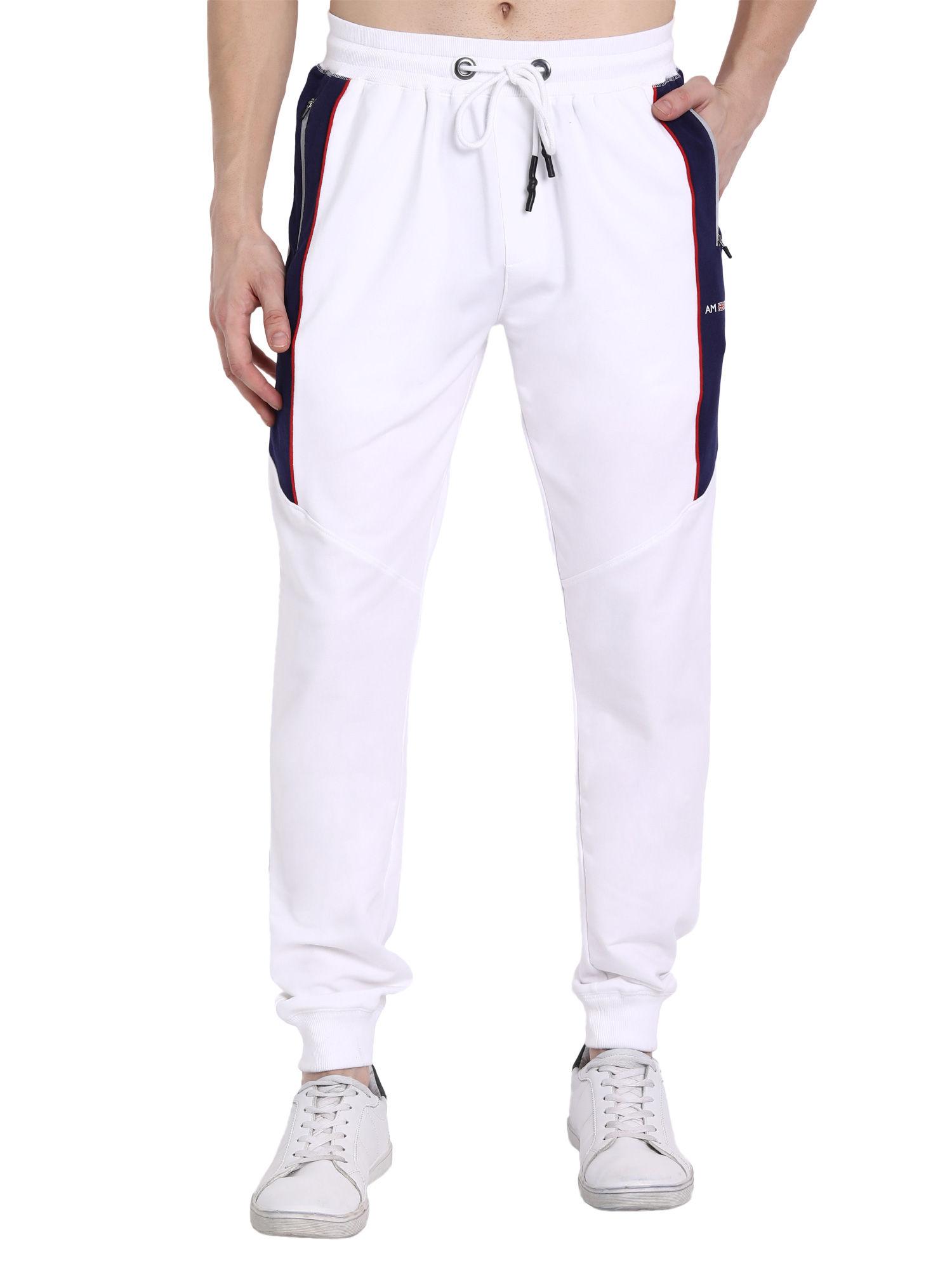 cotton rich lycra with contrast pannel colorblock joggers in white