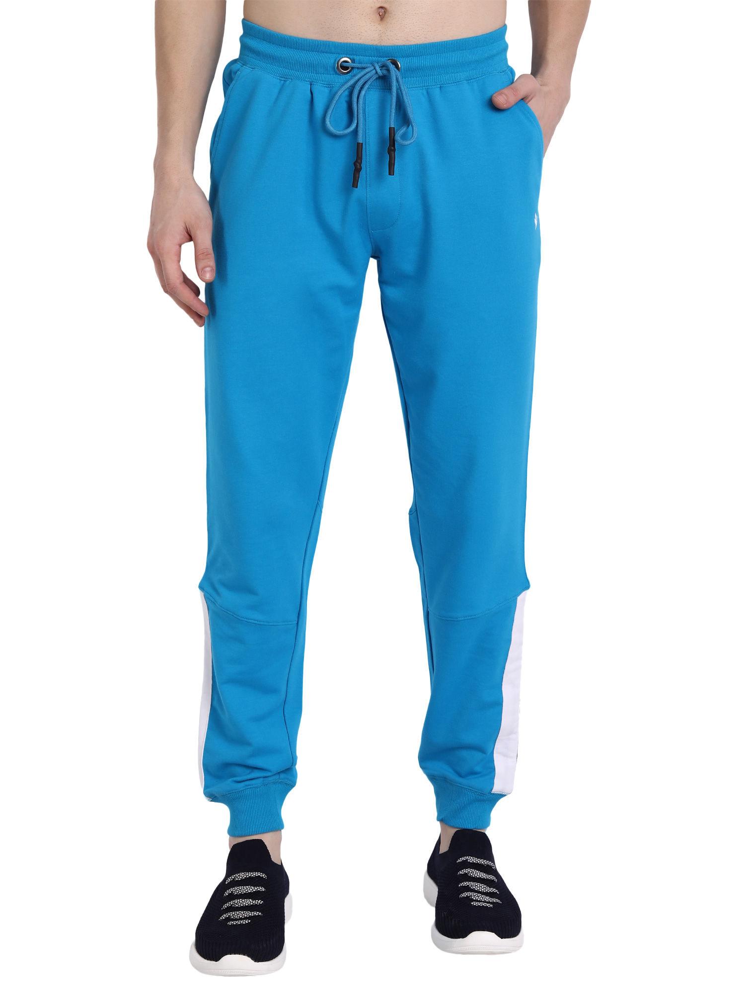 cotton rich lycra with contrast pannel solid joggers in blue