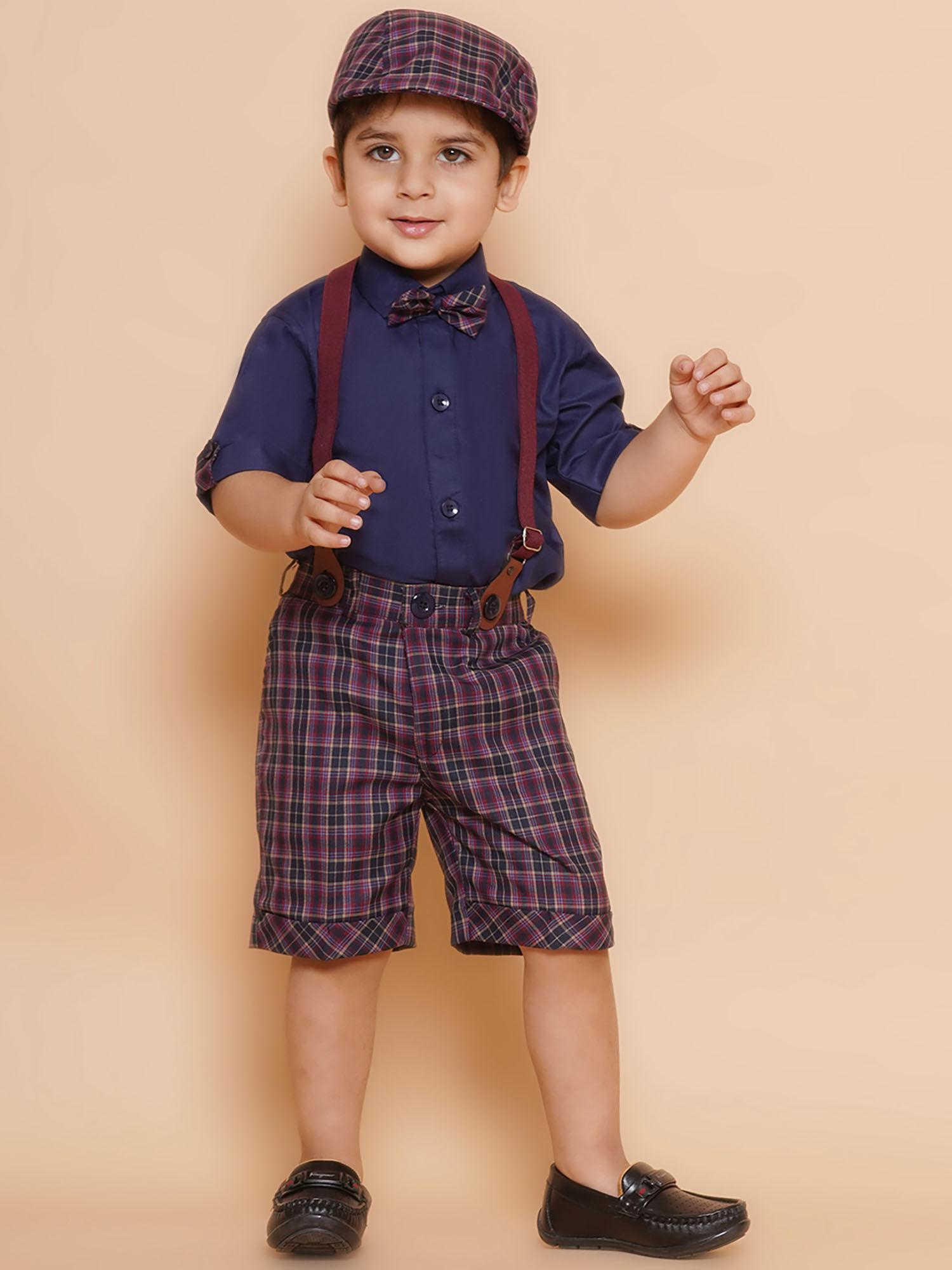 cotton shirt shorts with cap & suspender for boys - purple (set of 5)