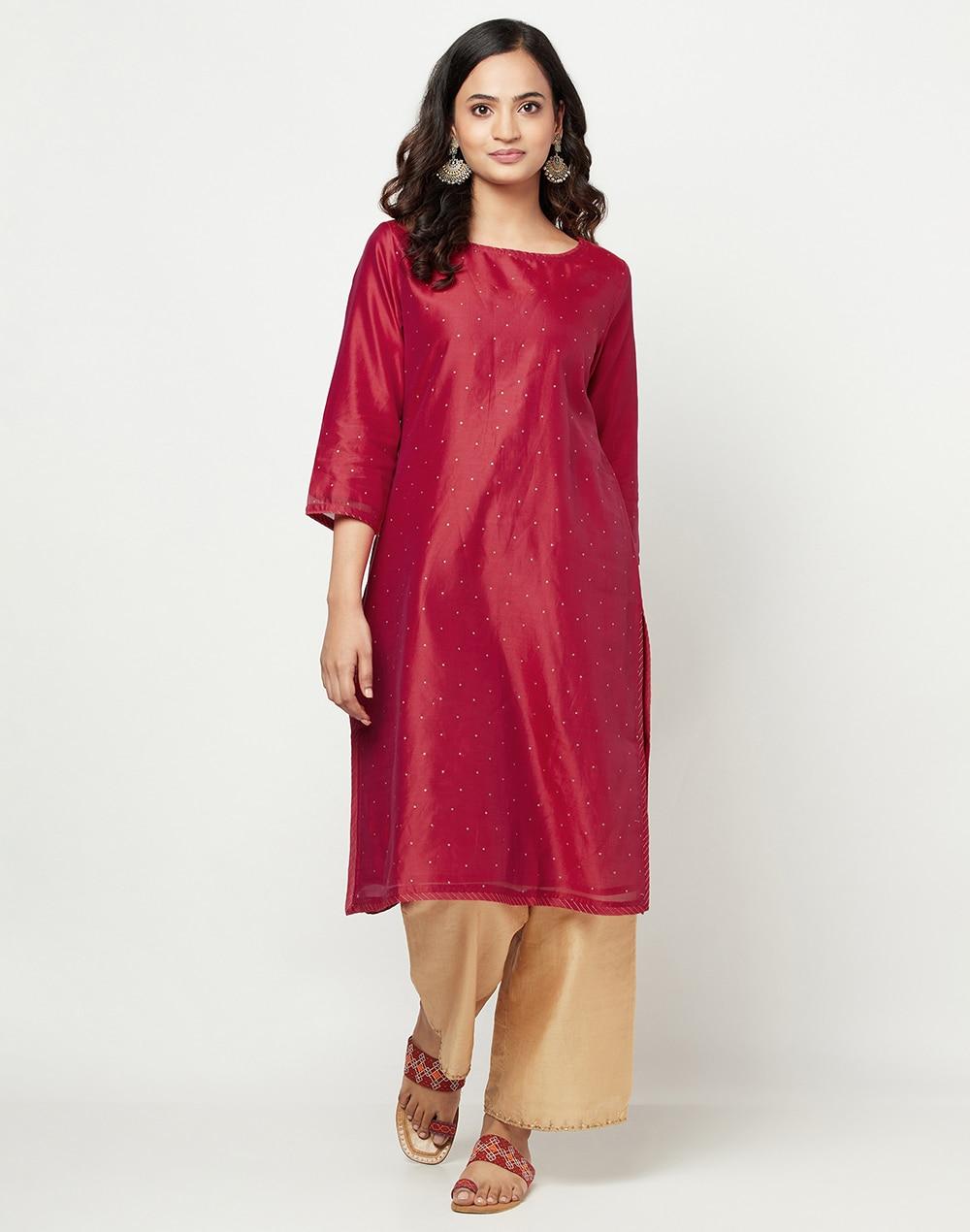 cotton silk printed slim fit knee length kurta