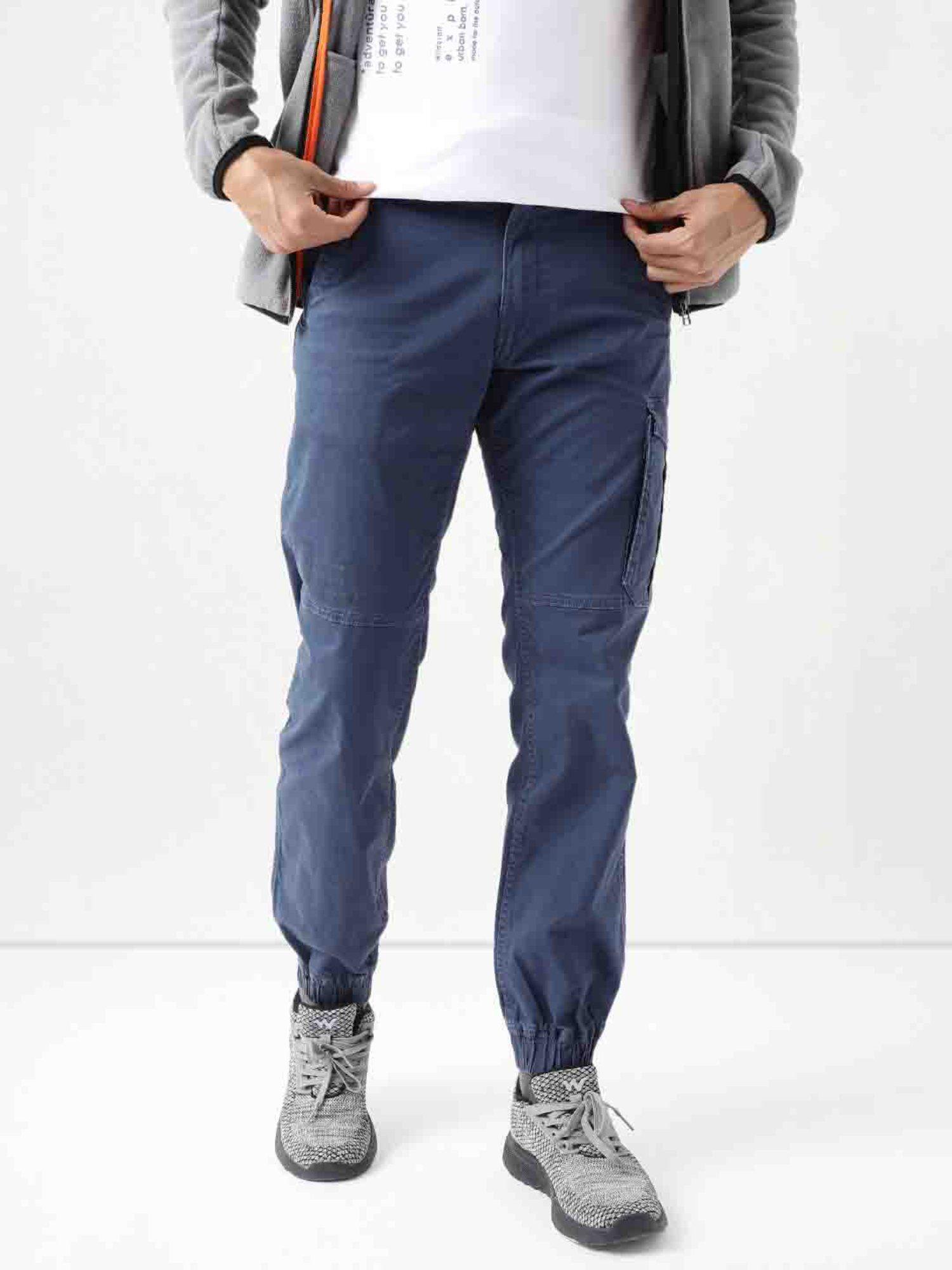 cotton solid blue slim fit casual trousers