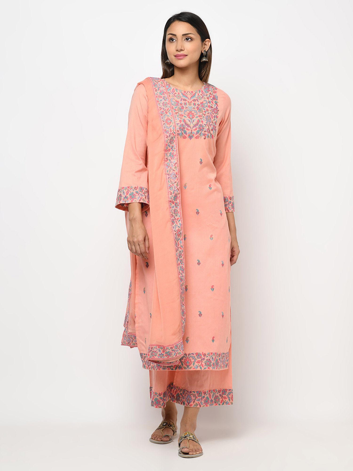 cotton woven design women unstitched dress material with chiffon dupatta (set of 3)