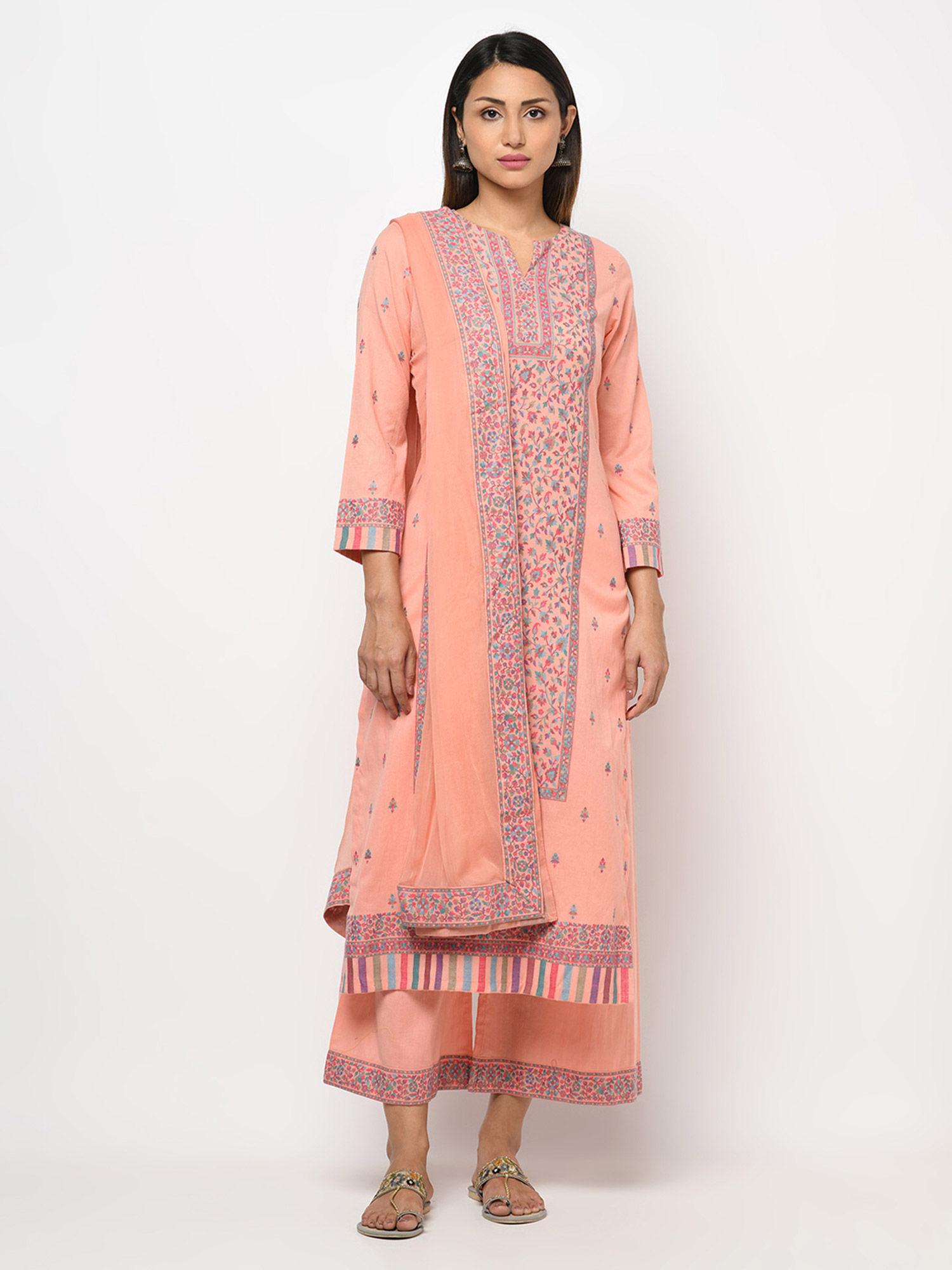 cotton woven design women unstitched dress material with chiffon dupatta (set of 3)