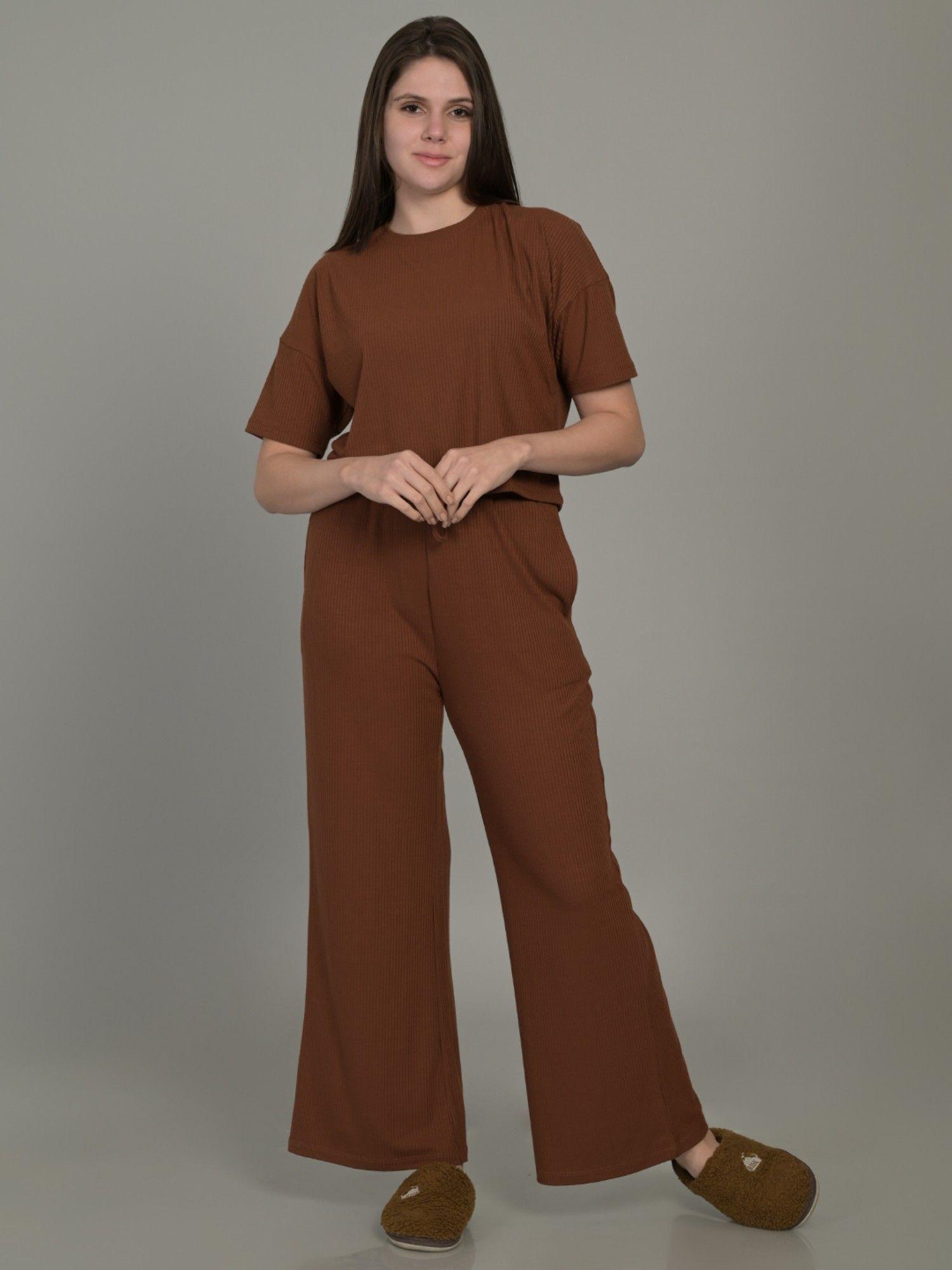 cotton & spandex solid brown top with pyjama (set of 2)