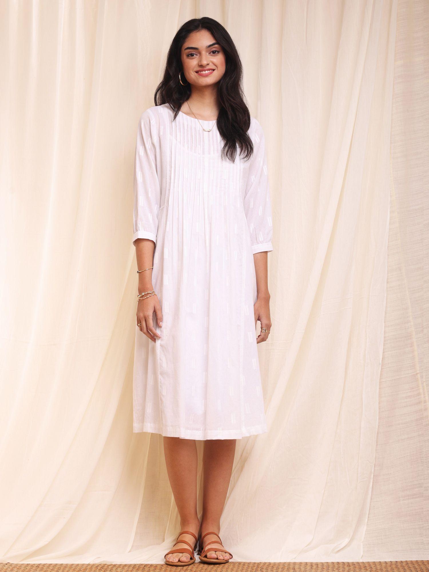 cotton a-line pleated dress - white