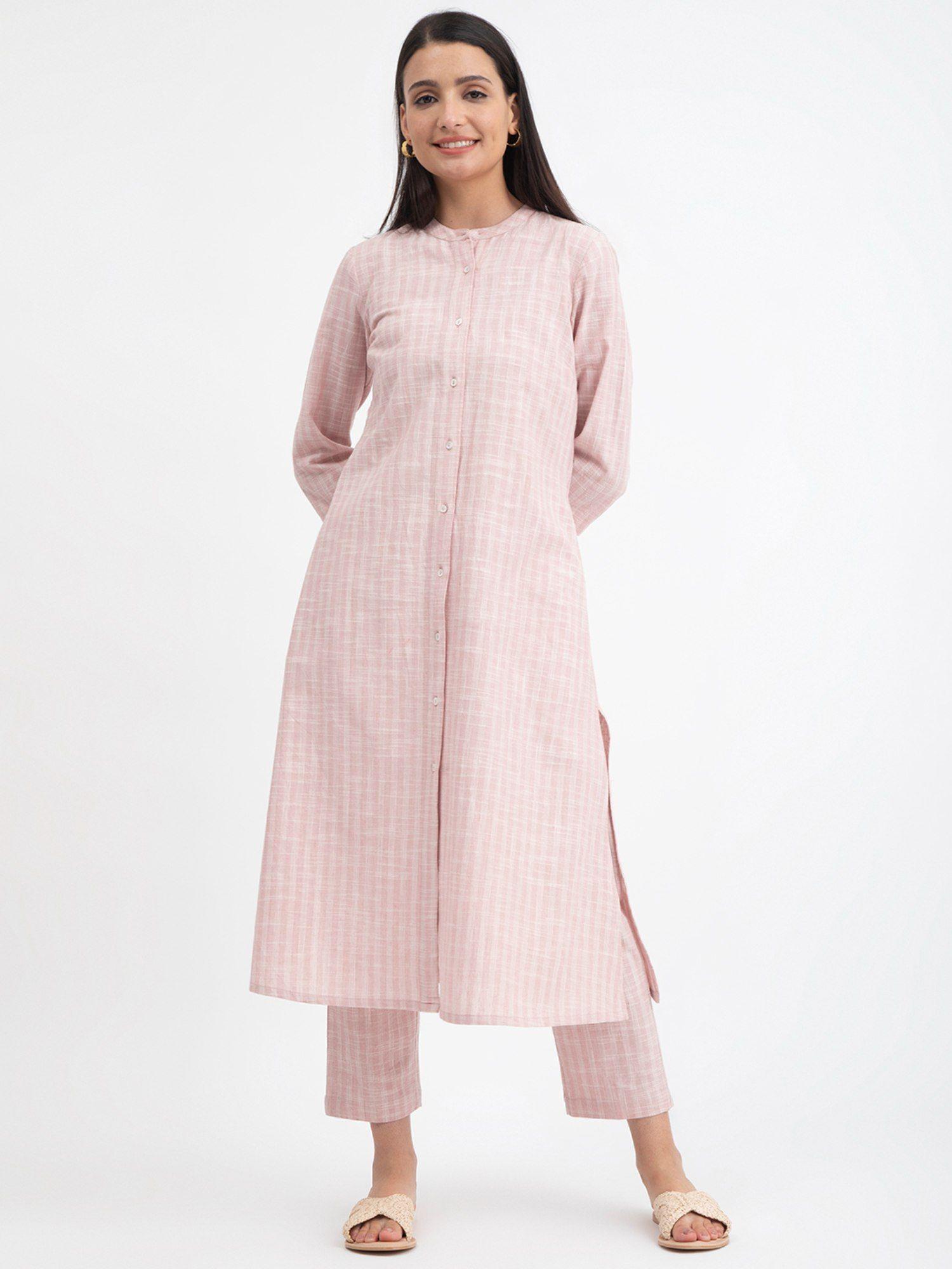 cotton a-line stripes pink kurta with pants (set of 2)