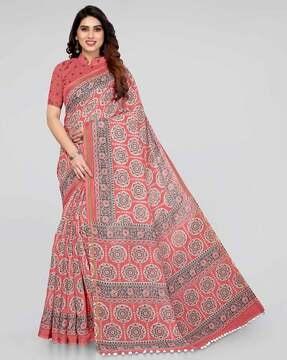 cotton ajrak print pom pom lace saree