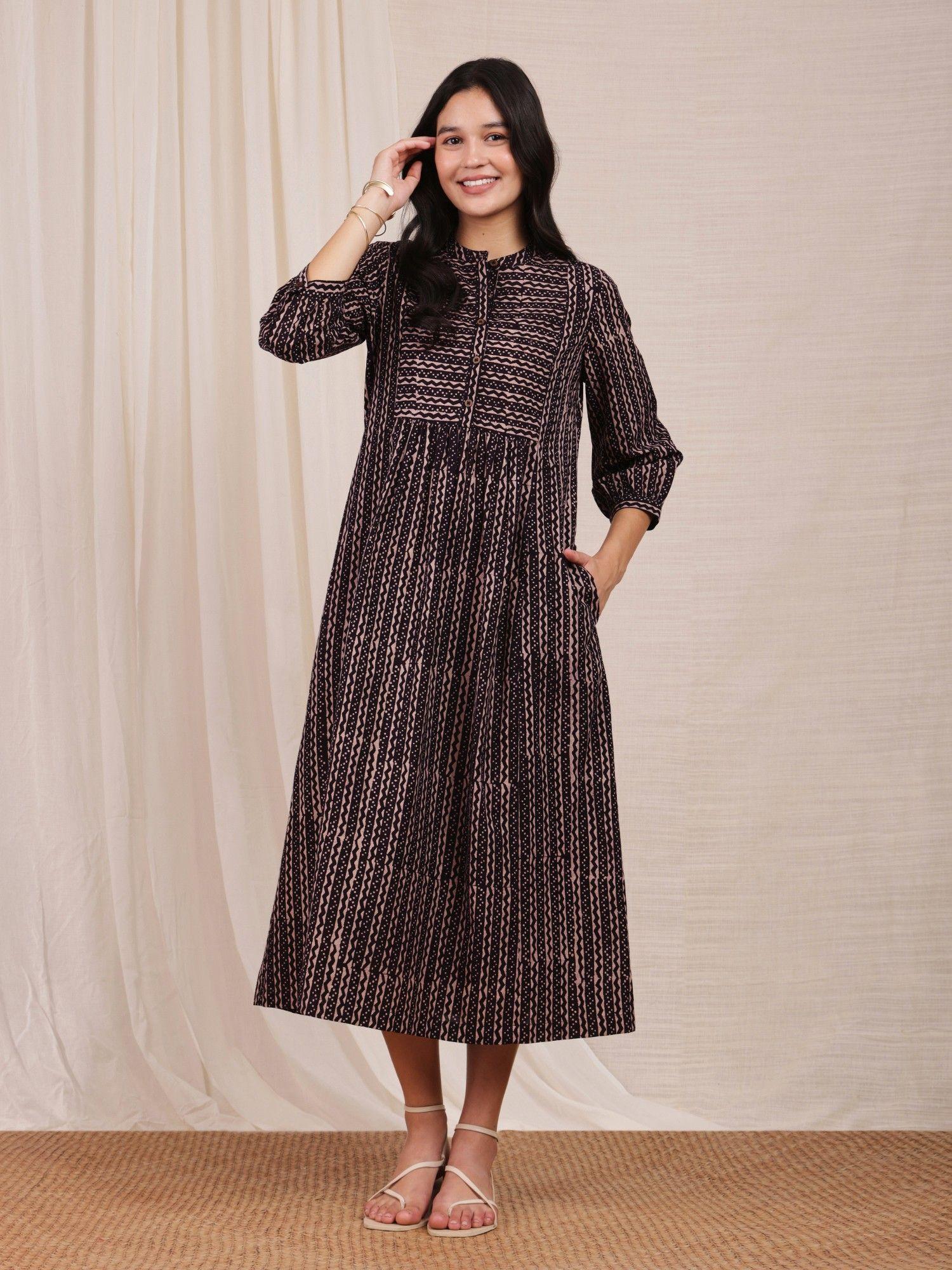 cotton ajrakh black printed midi dress