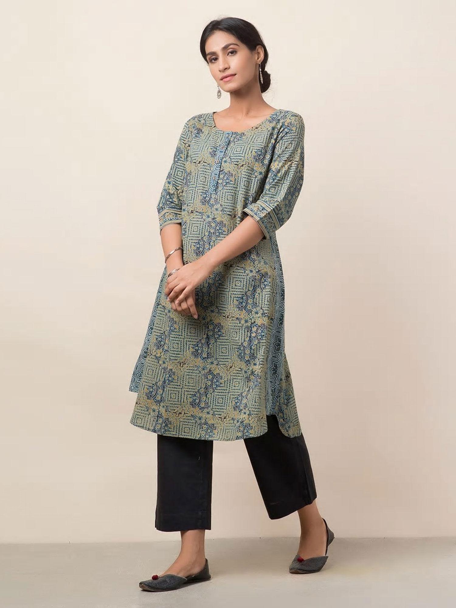 cotton ajrakh knee length kurta