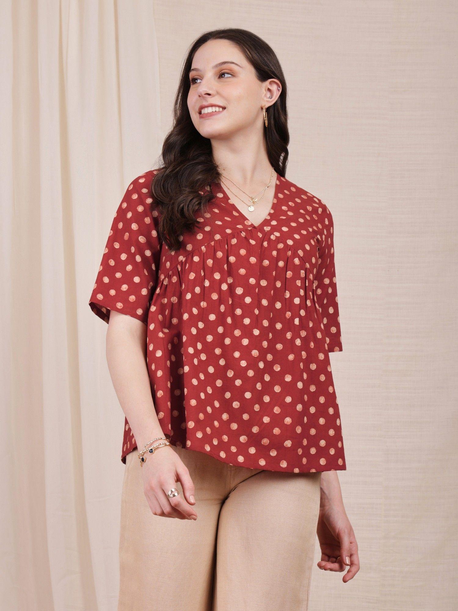 cotton ajrakh polka print red top