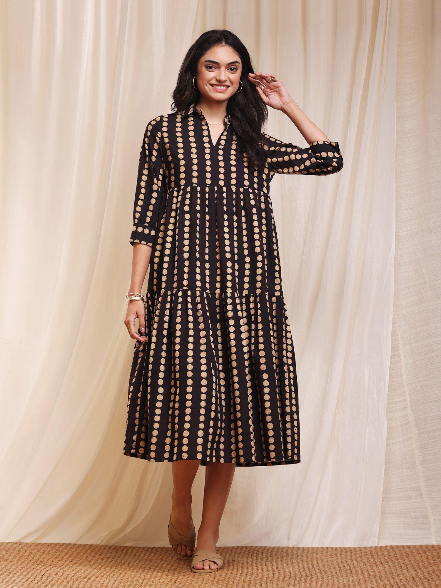 cotton ajrakh polka shirt dress - black