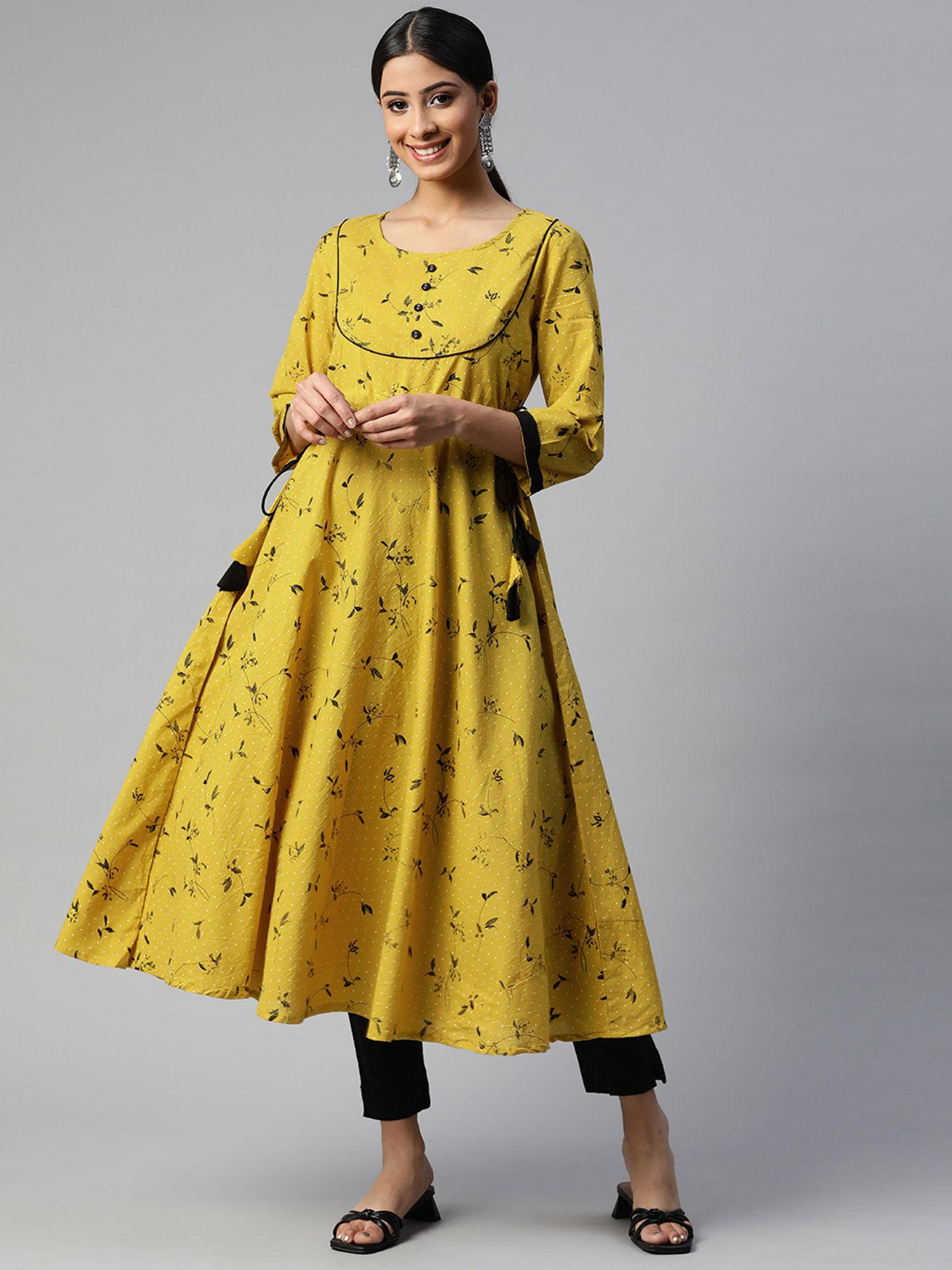 cotton and rayon blend floral print anarkali kurta yellow