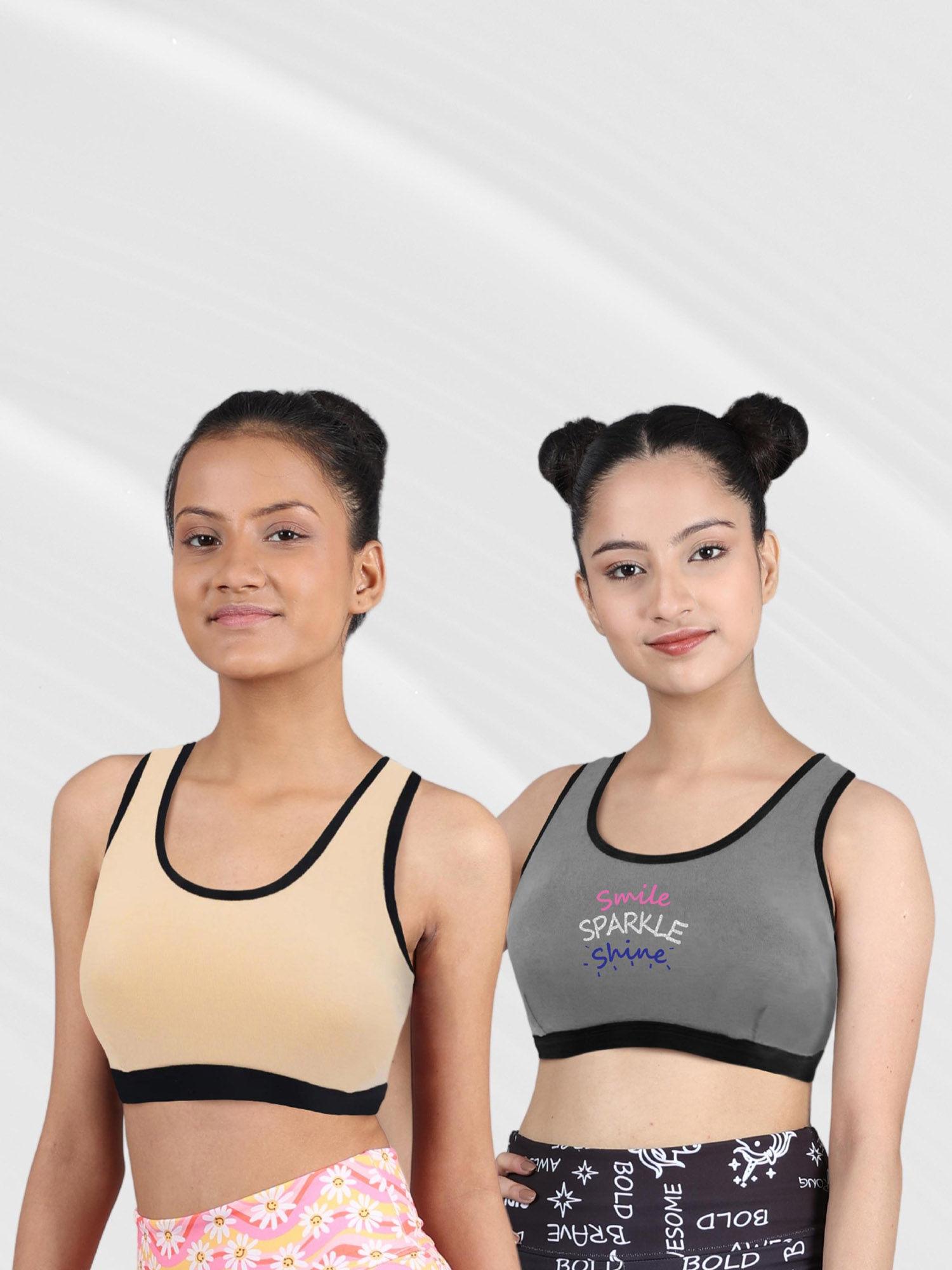 cotton athleisure sports bra for girls grey and skin (pack of 2)