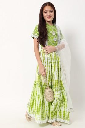 cotton bandhani printed choli and lehenga with net fabric dupatta - green