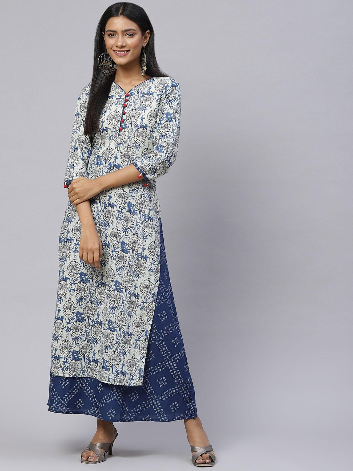 cotton bandhej print a-line gown blue