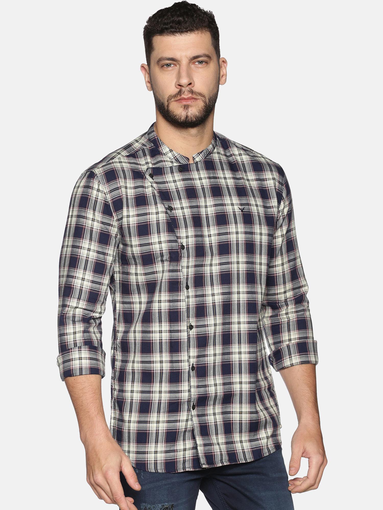 cotton beige and navy checks printed slim fit shirt