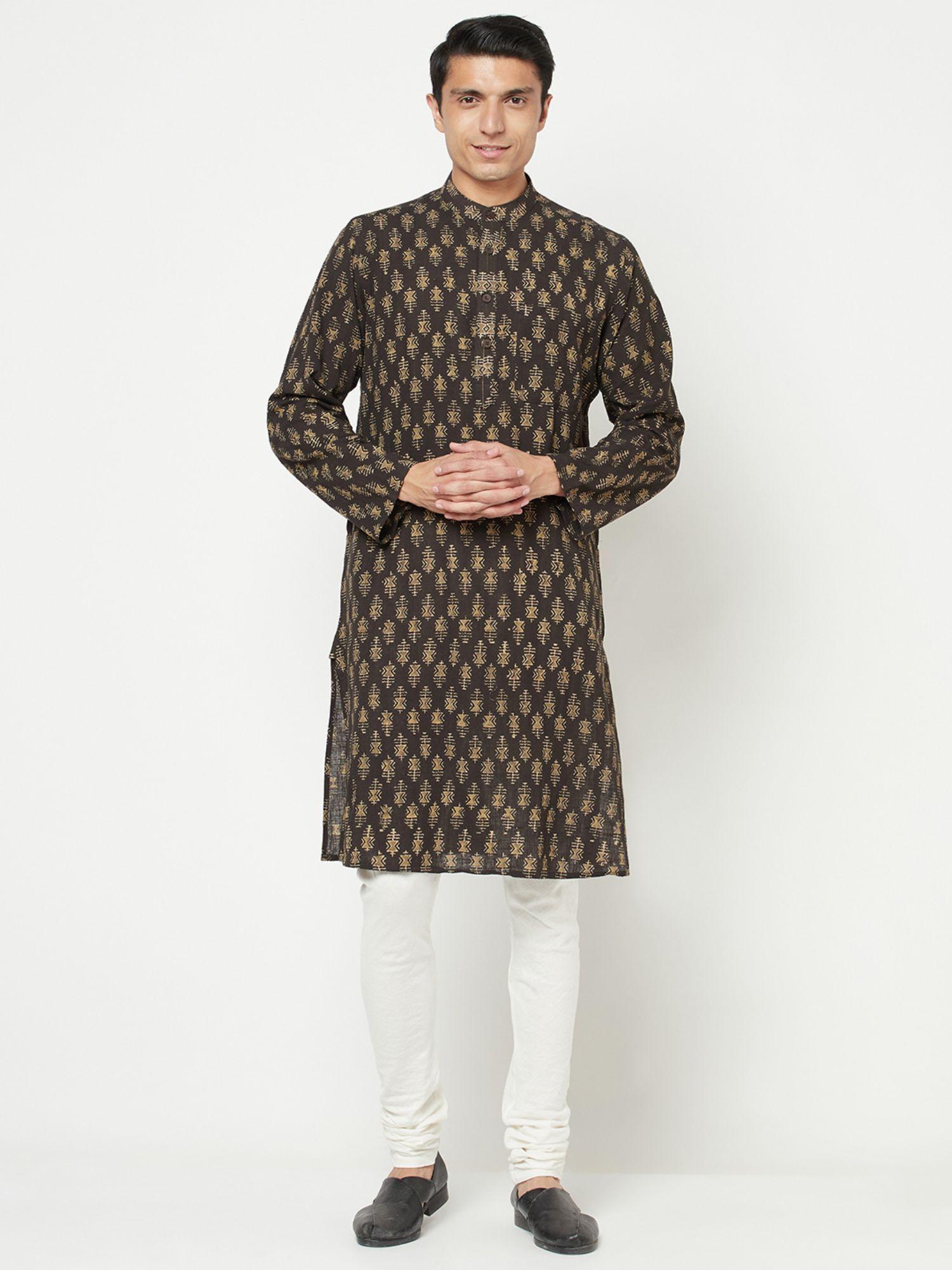 cotton black printed men kurta