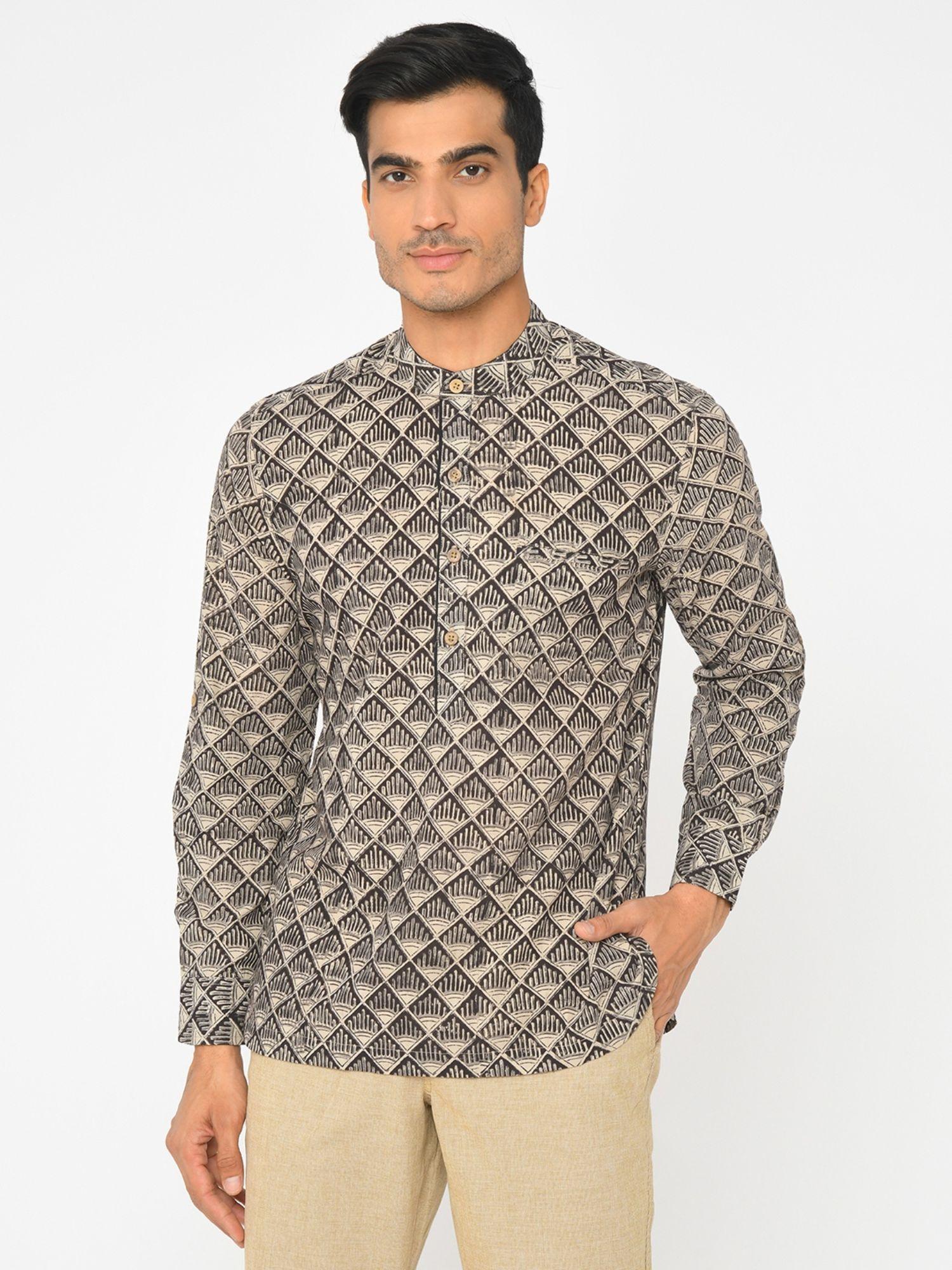 cotton black printed men short kurta