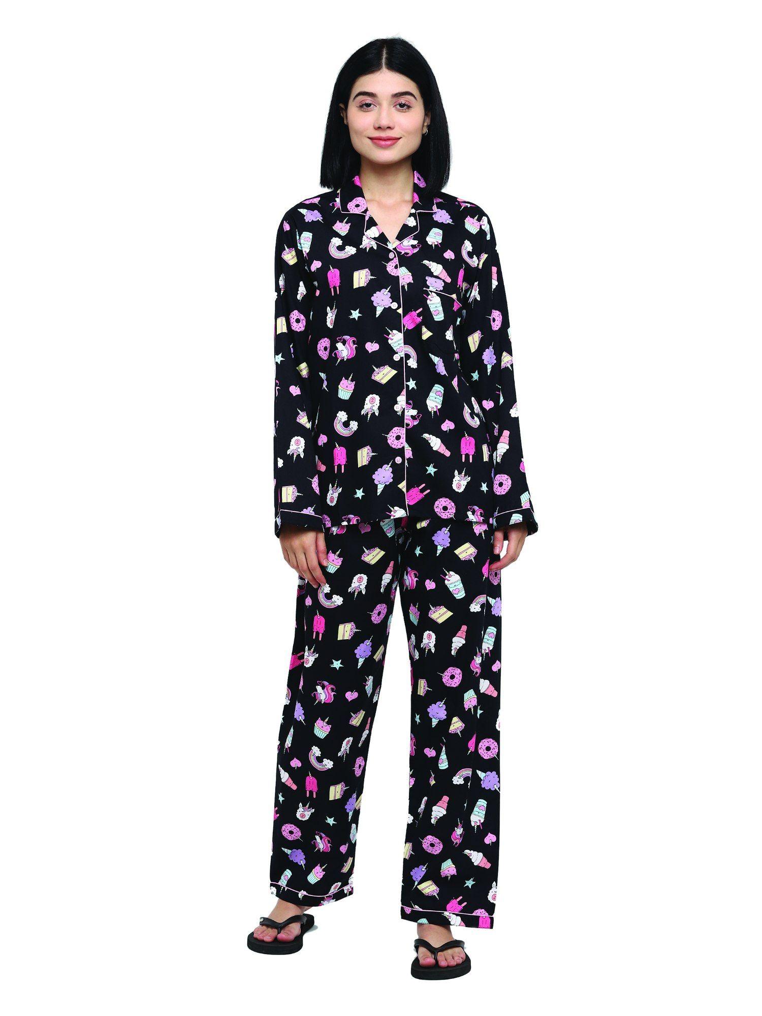 cotton black unicorn print long sleeve women's night suit | lounge wear