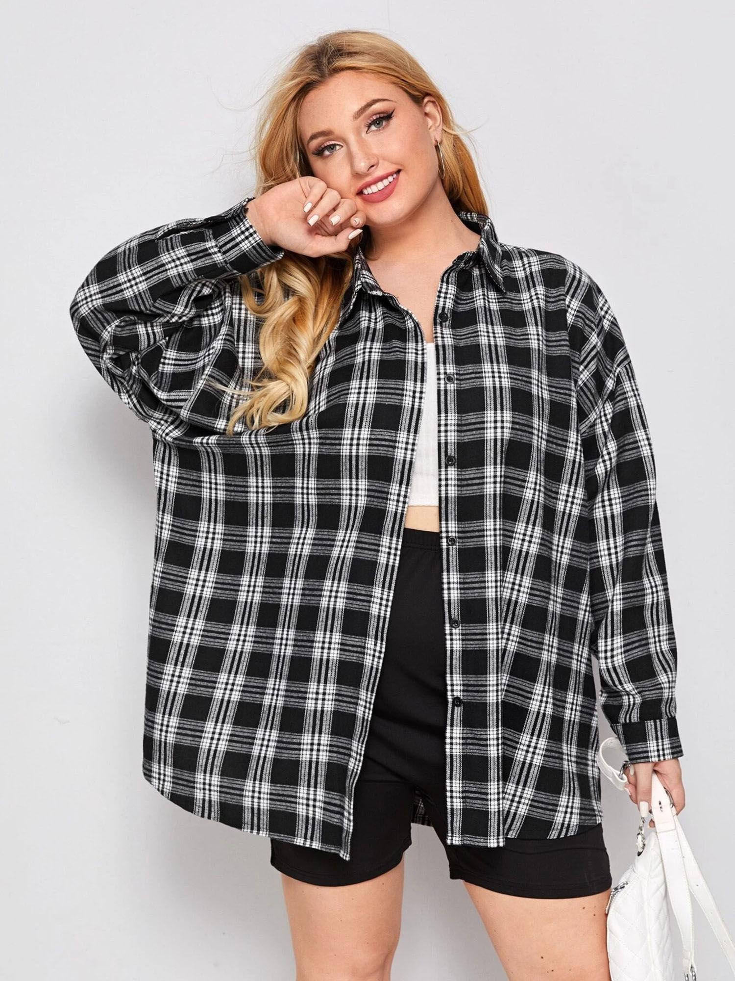 cotton black white relaxed fit casual women checks long shirt