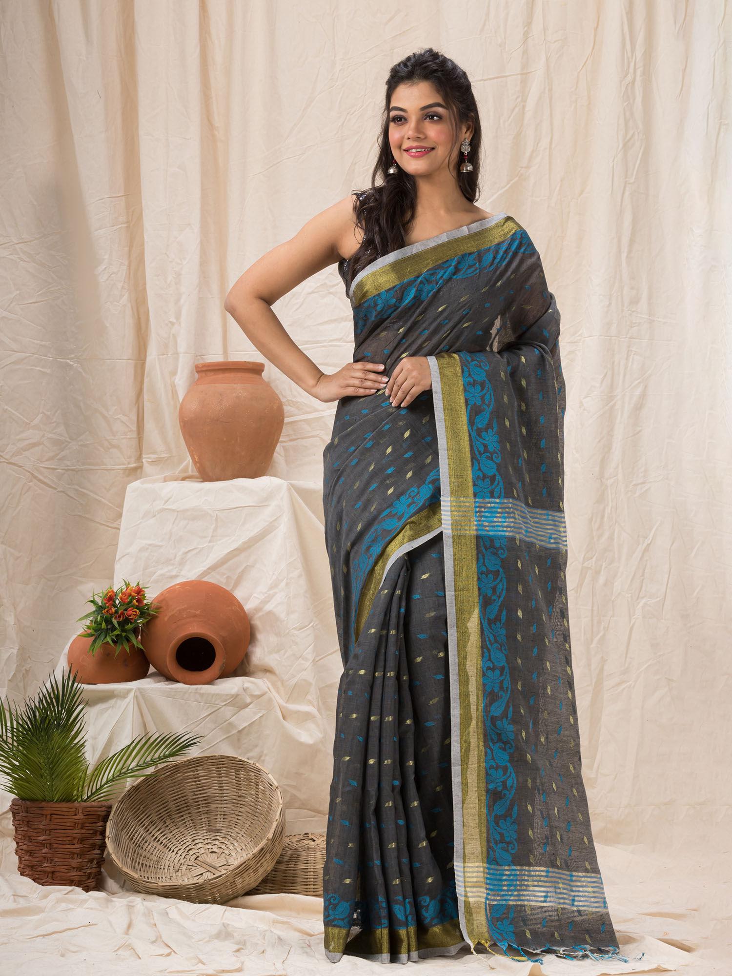 cotton bland dark ash handloom saree with unstitched blouse