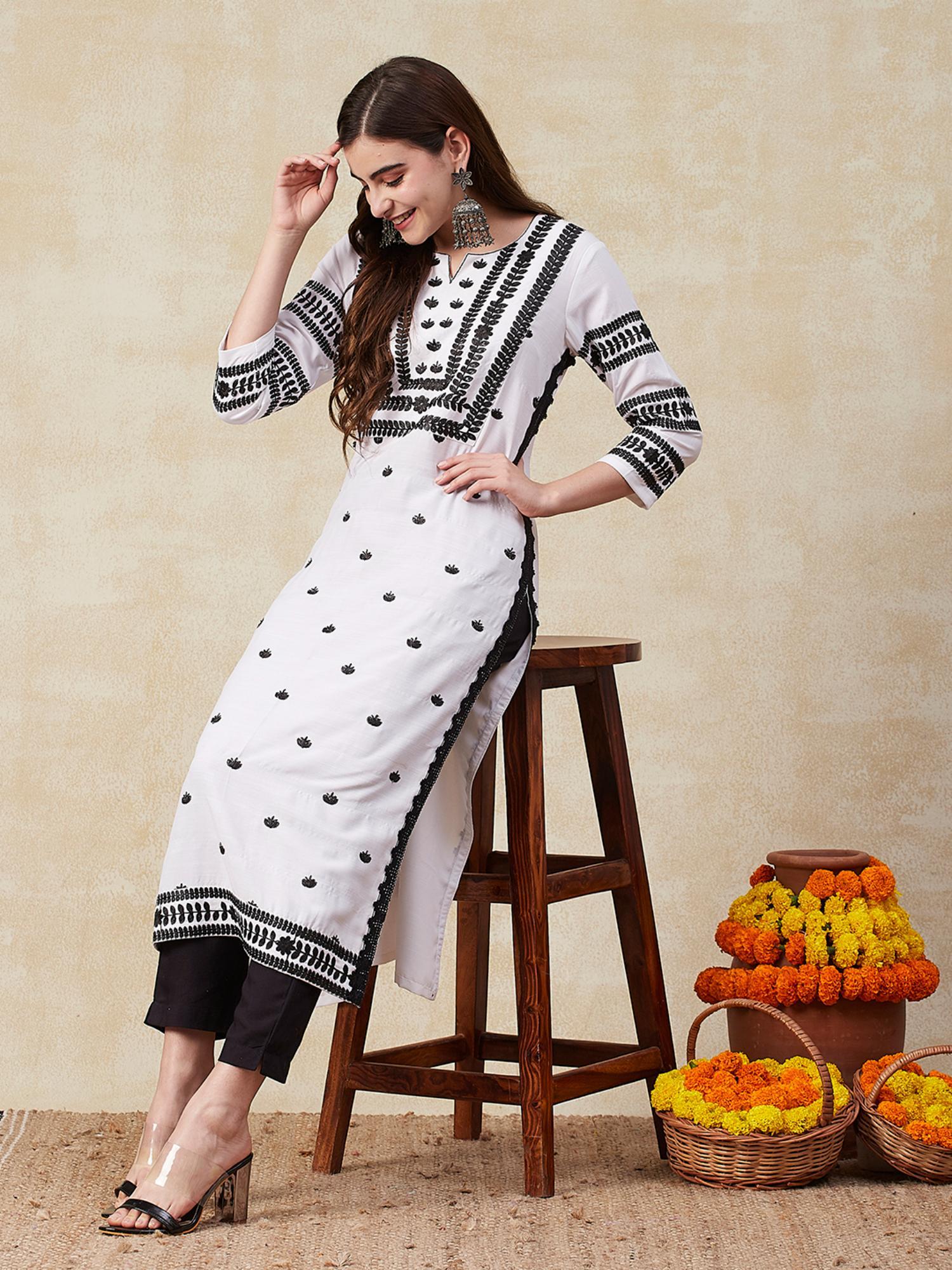 cotton blend abstract embroidered straight black & white kurti