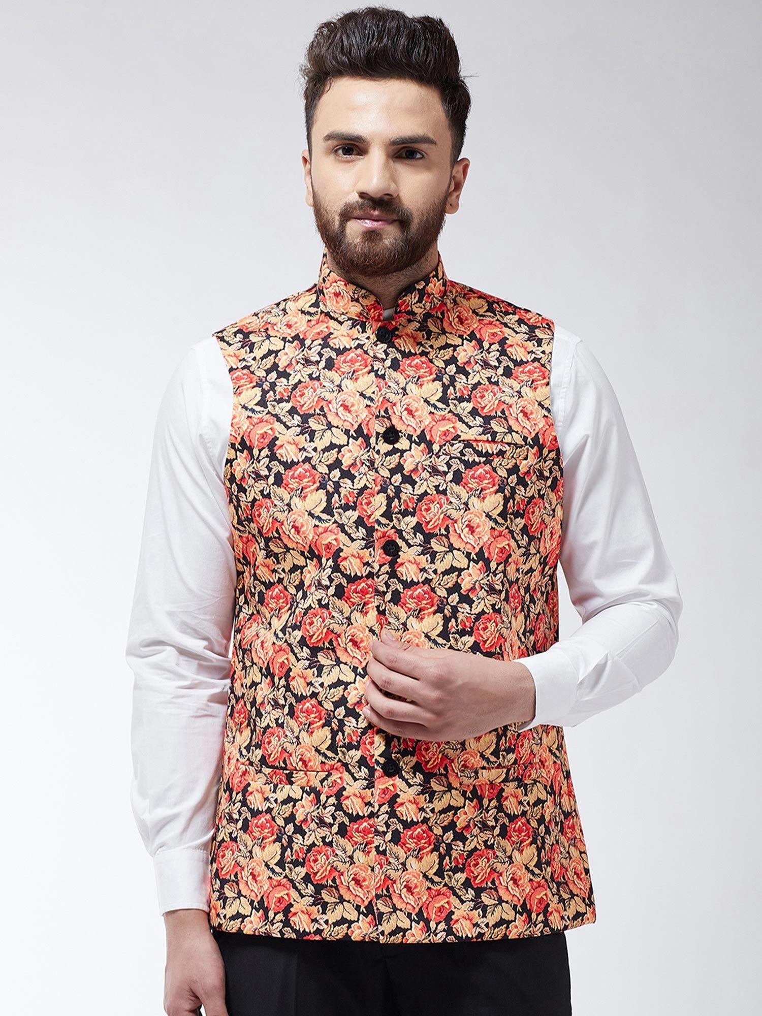 cotton blend black & multi printed nehru jacket