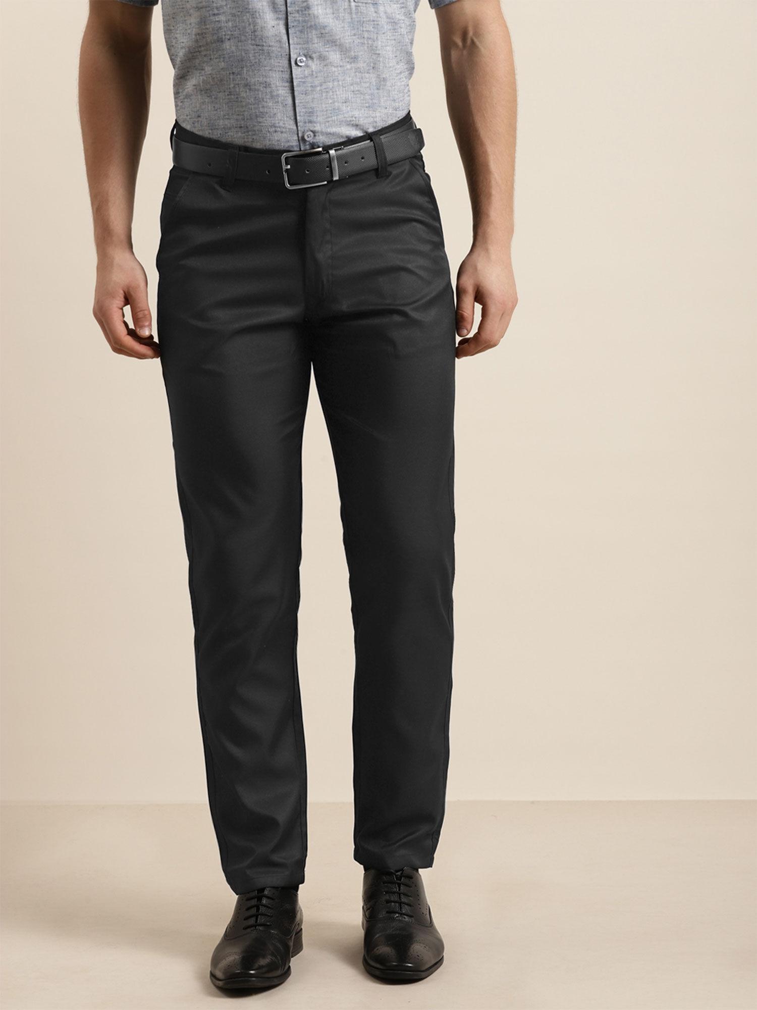 cotton blend black solid casual trouser