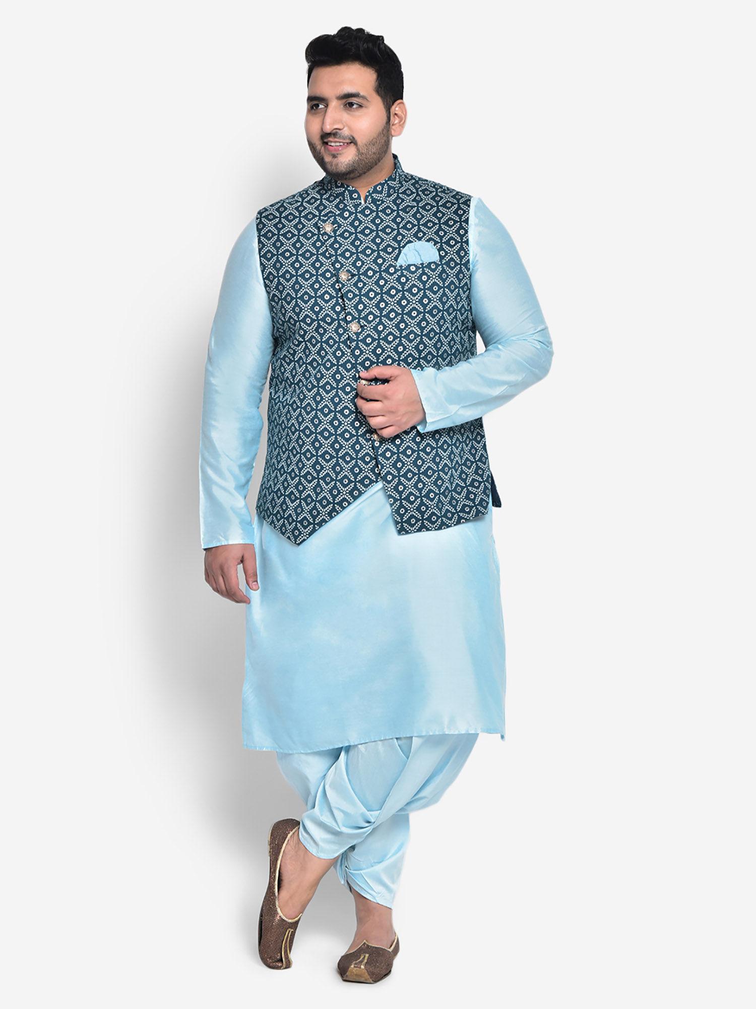 cotton blend blue kurta jacket (set of 3)