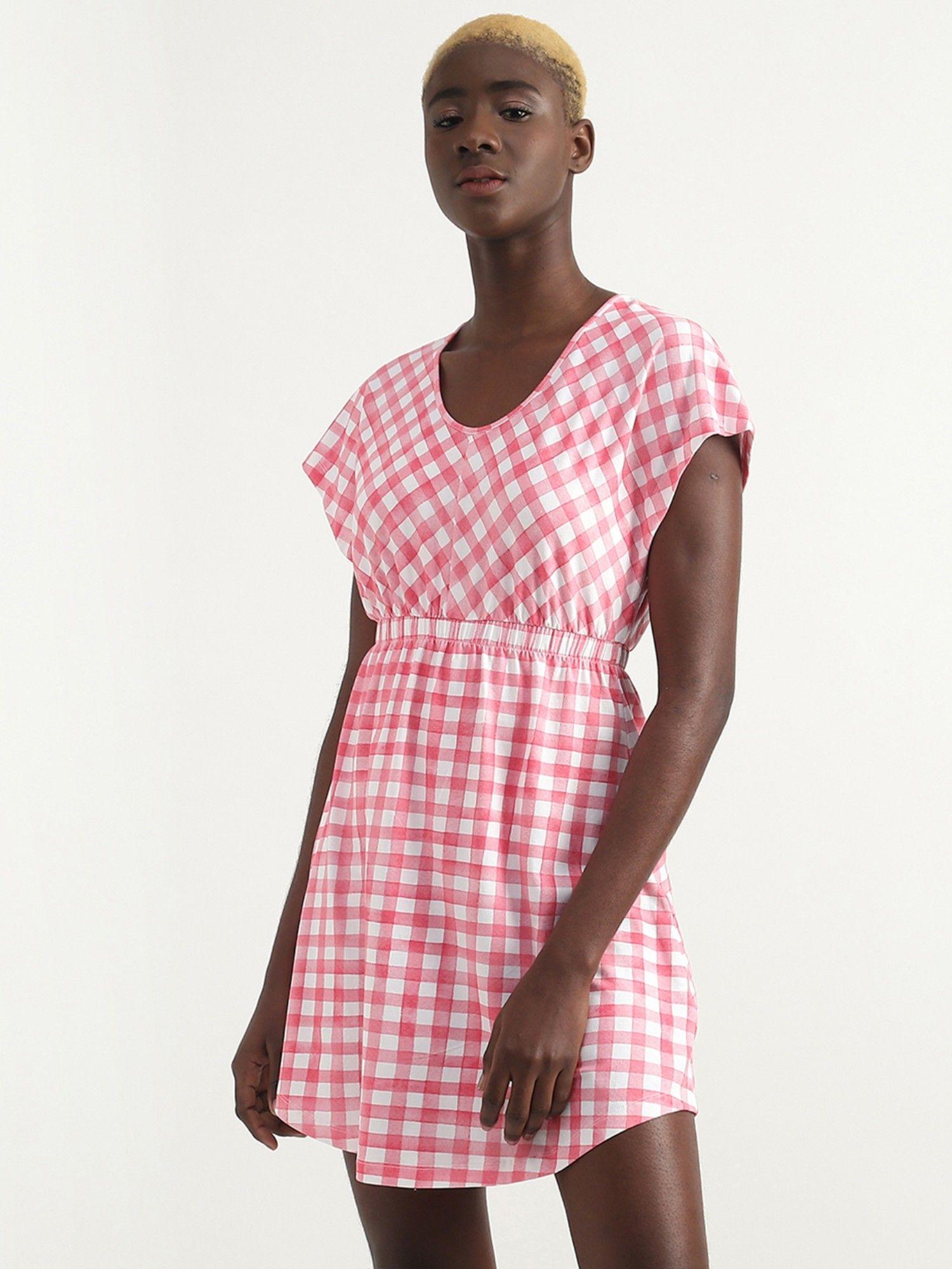 cotton blend checks pink women dress