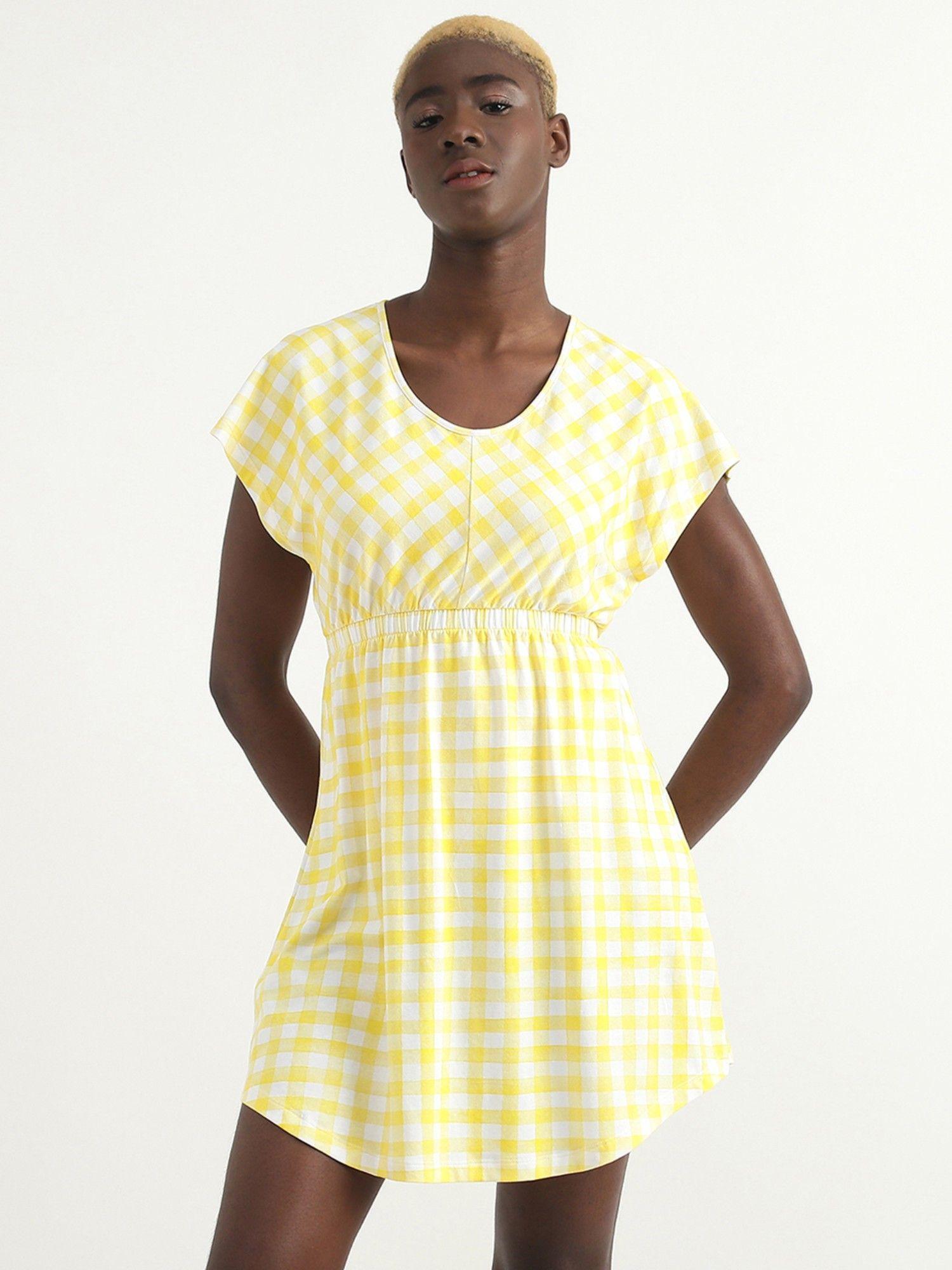 cotton blend checks yellow women dress