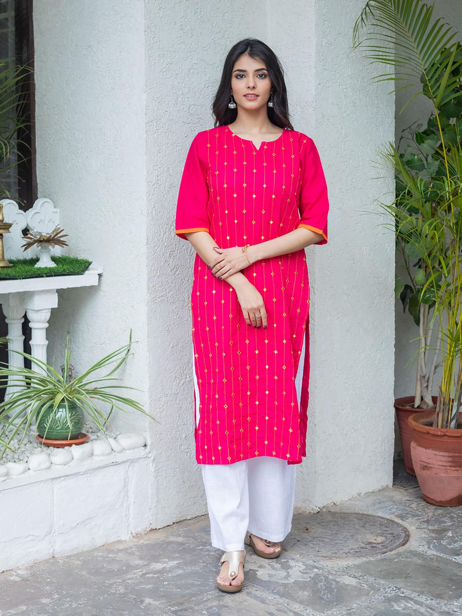 cotton blend embellished straight kurta-pink