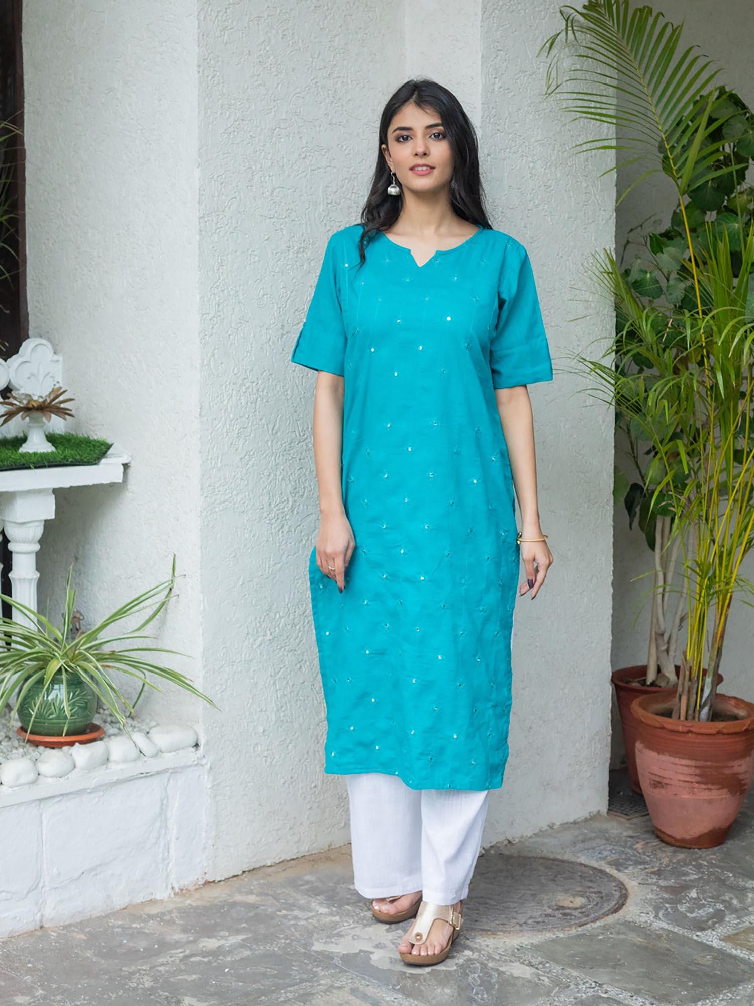 cotton blend embellished straight kurta-turquoise