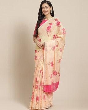 cotton blend floral print saree with unstiched blouse