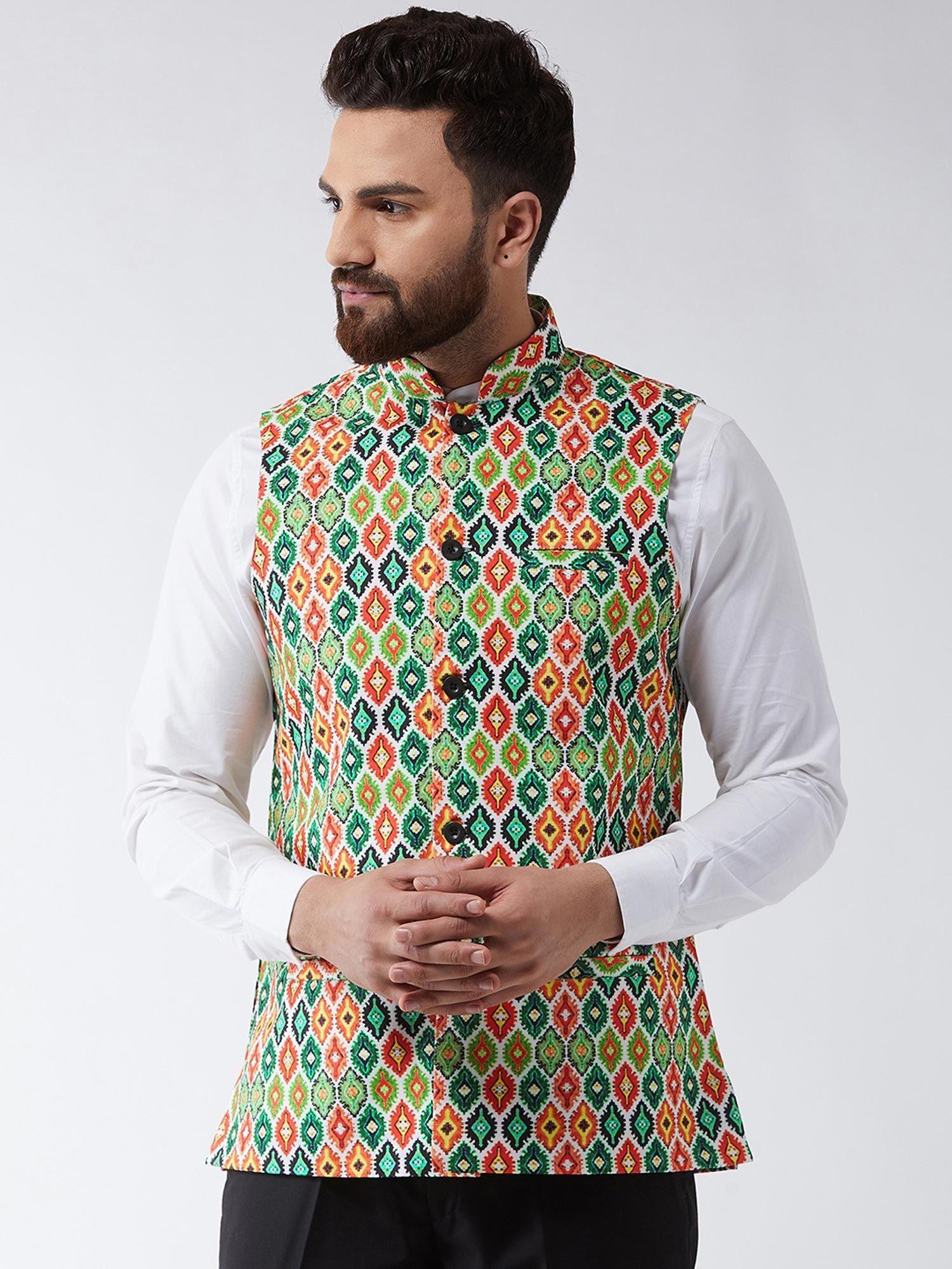 cotton blend green & multi printed nehru jacket