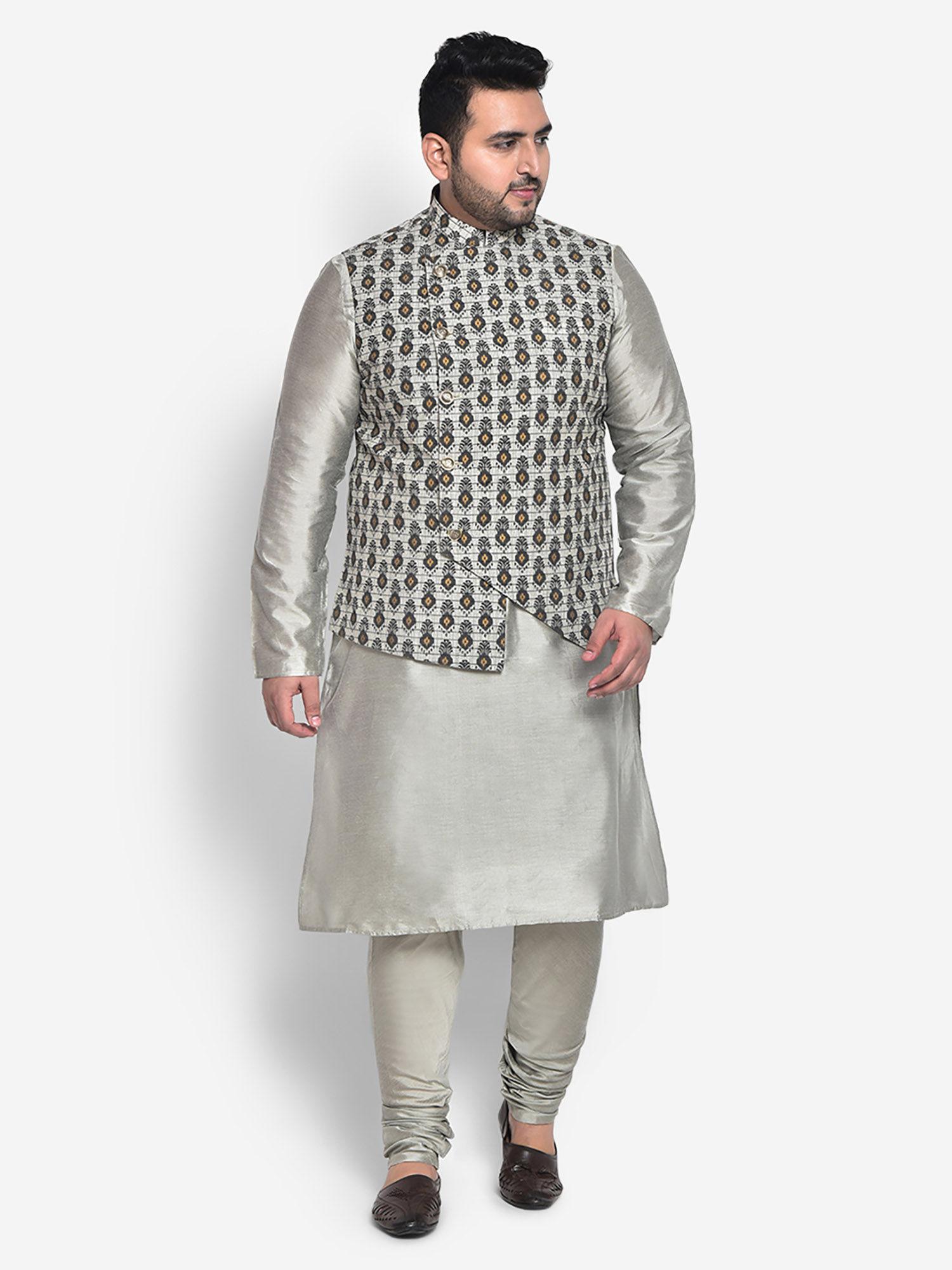 cotton blend grey kurta jacket (set of 3)