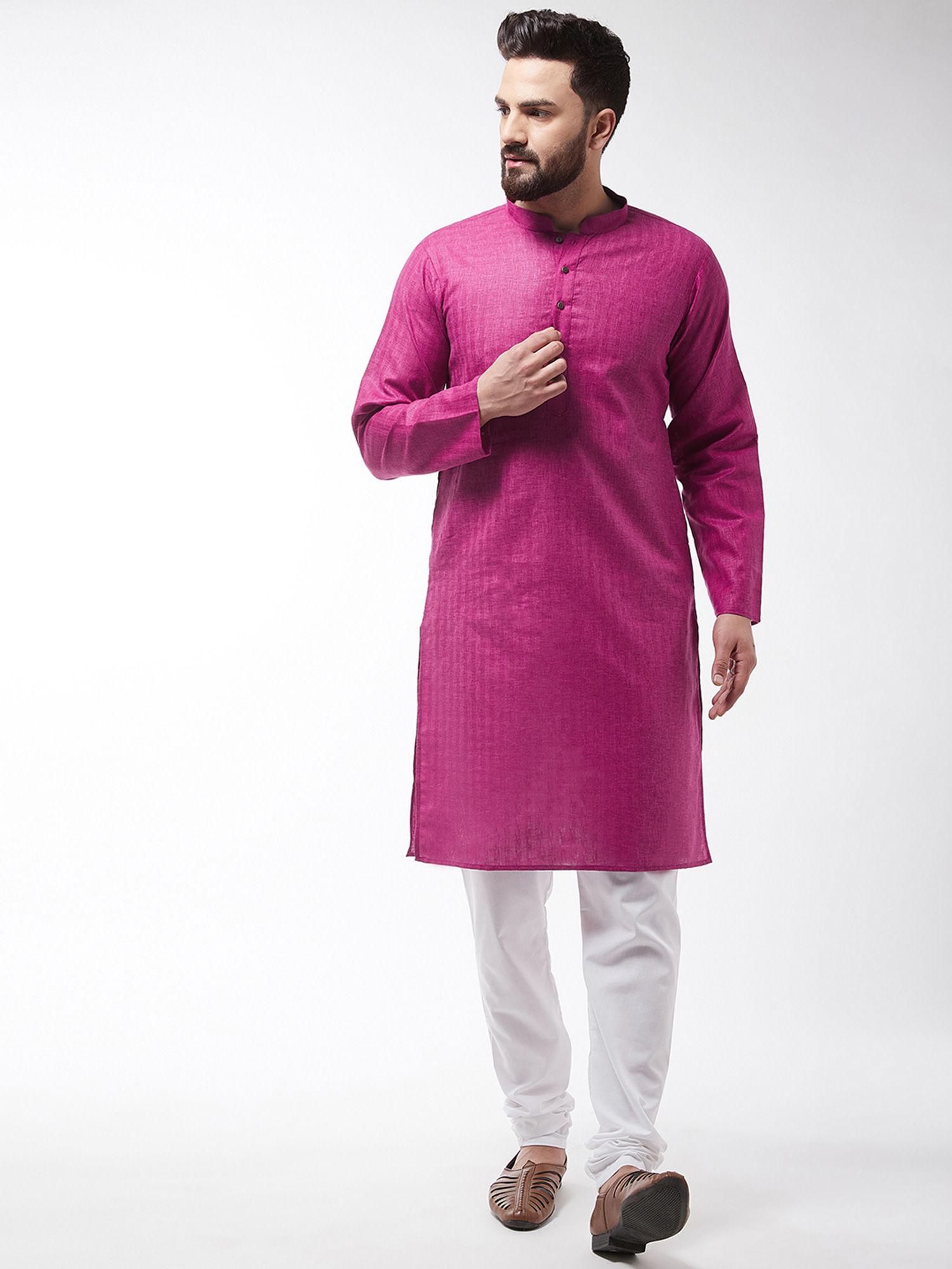 cotton blend magenta kurta & white churidar pyjama (set of 2)