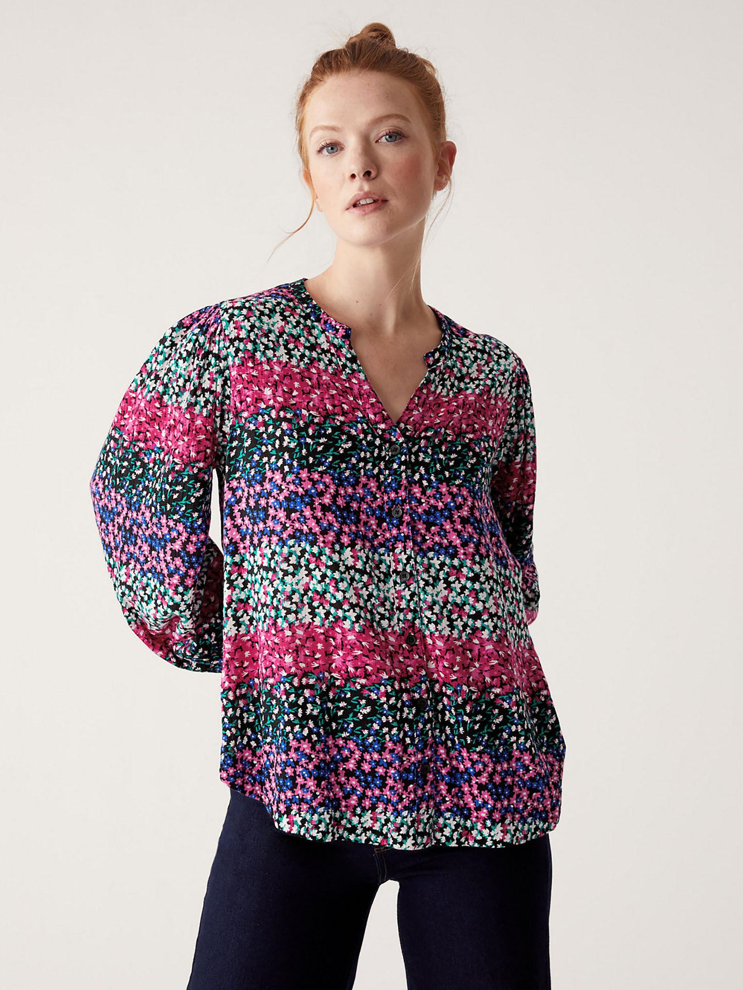 cotton blend printed round neck relaxed blouse