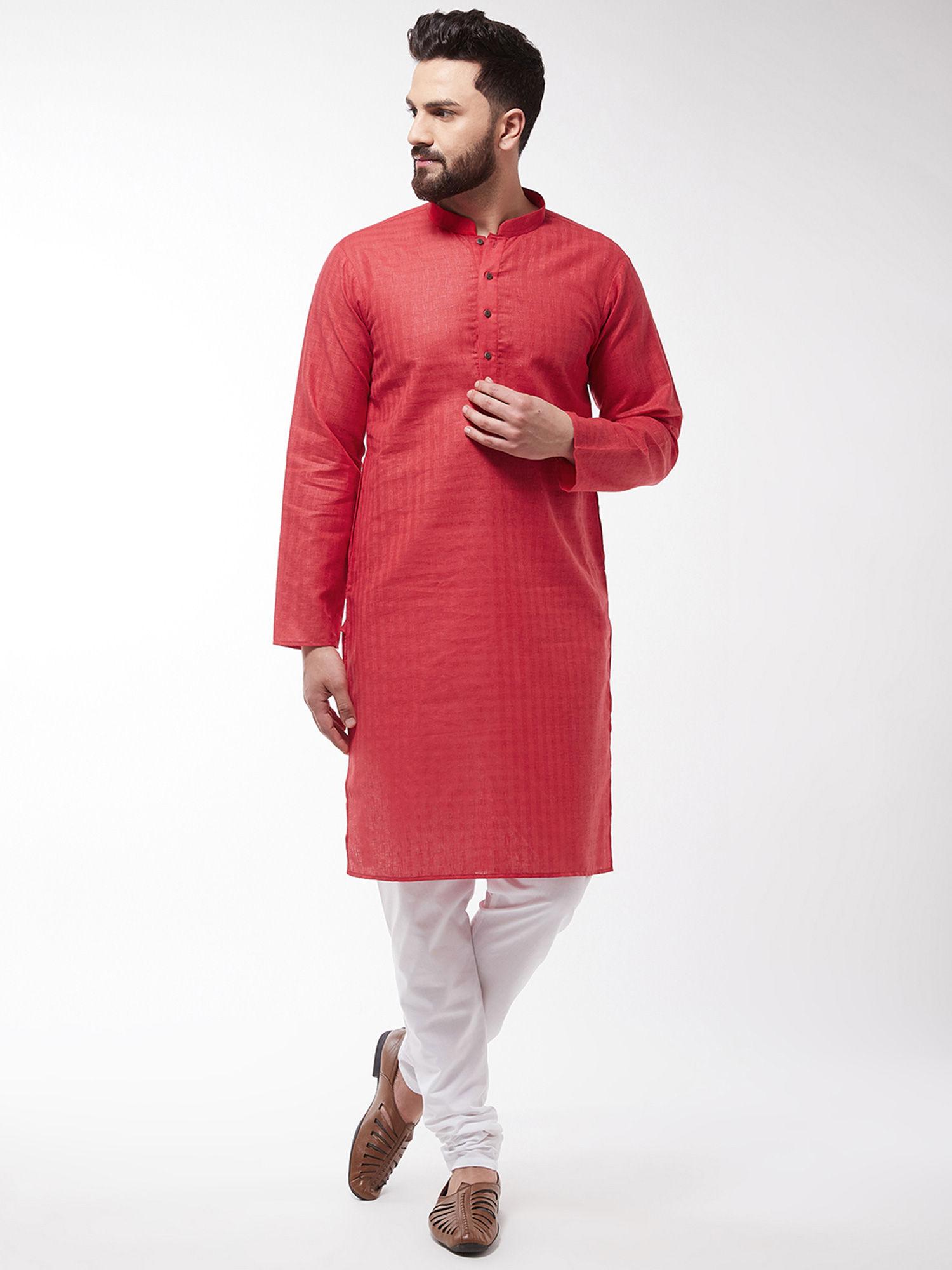 cotton blend red kurta & white churidar pyjama (set of 2)