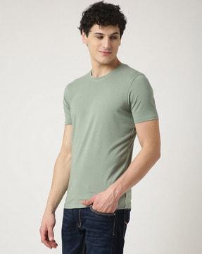 cotton blend round-neck solid t-shirt