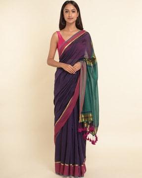 cotton blend saree with tassels