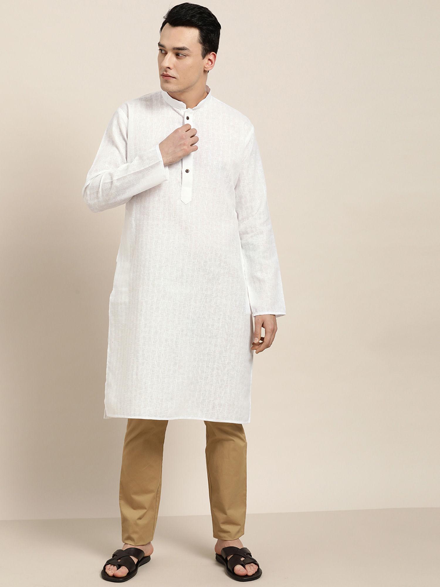 cotton blend white checked only long kurta