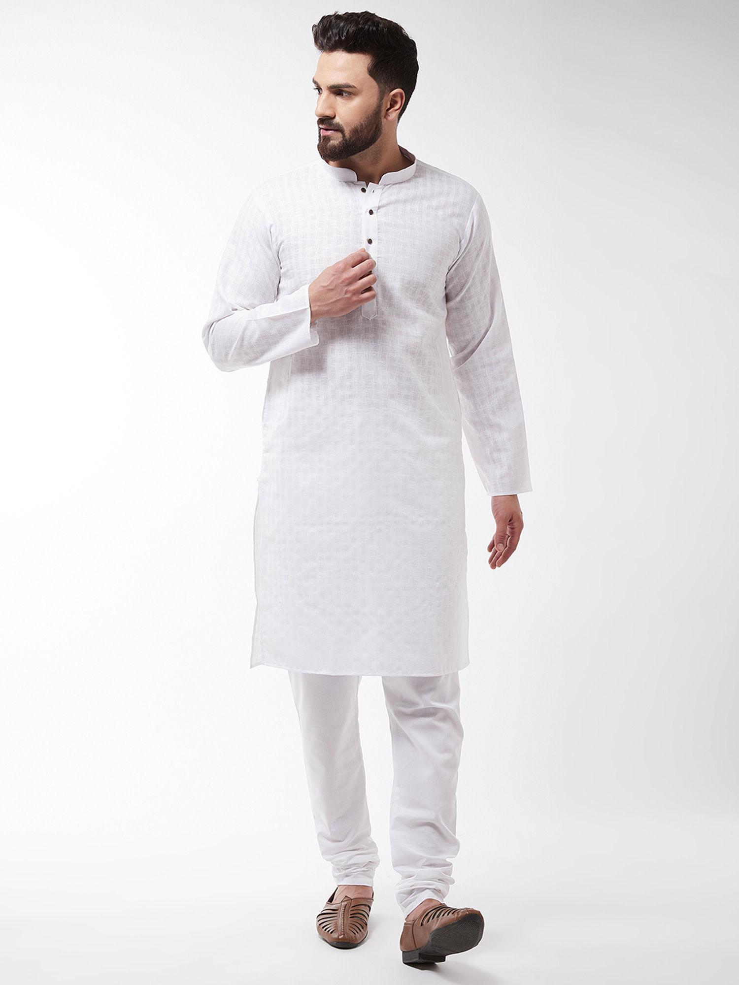 cotton blend white kurta & white churidar pyjama (set of 2)