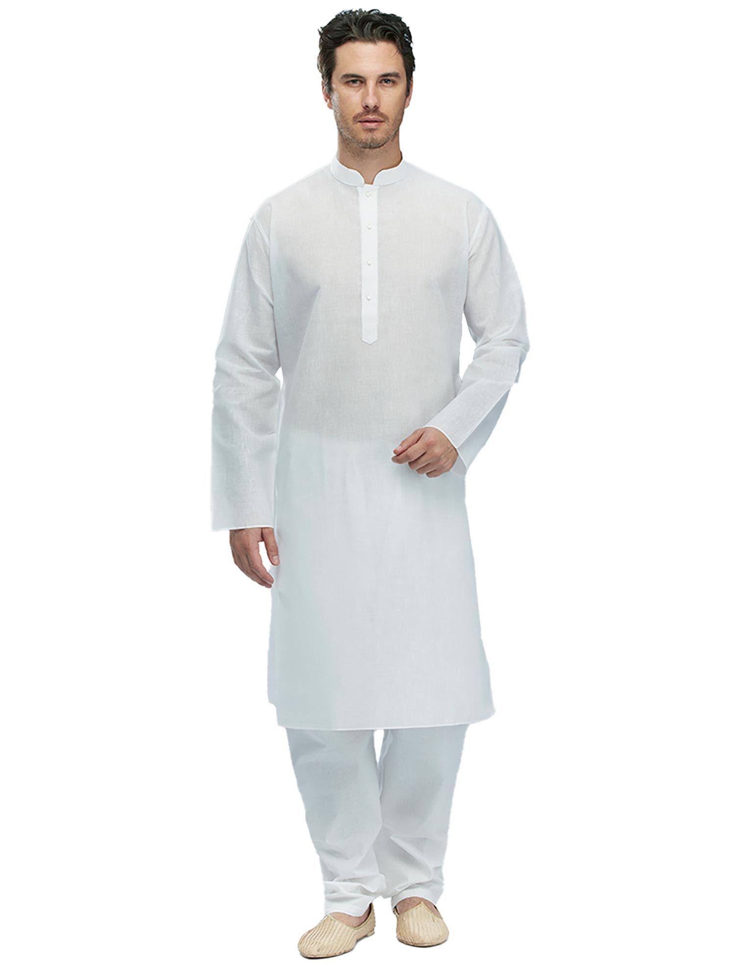cotton blend white kurta pajama (set of 2)