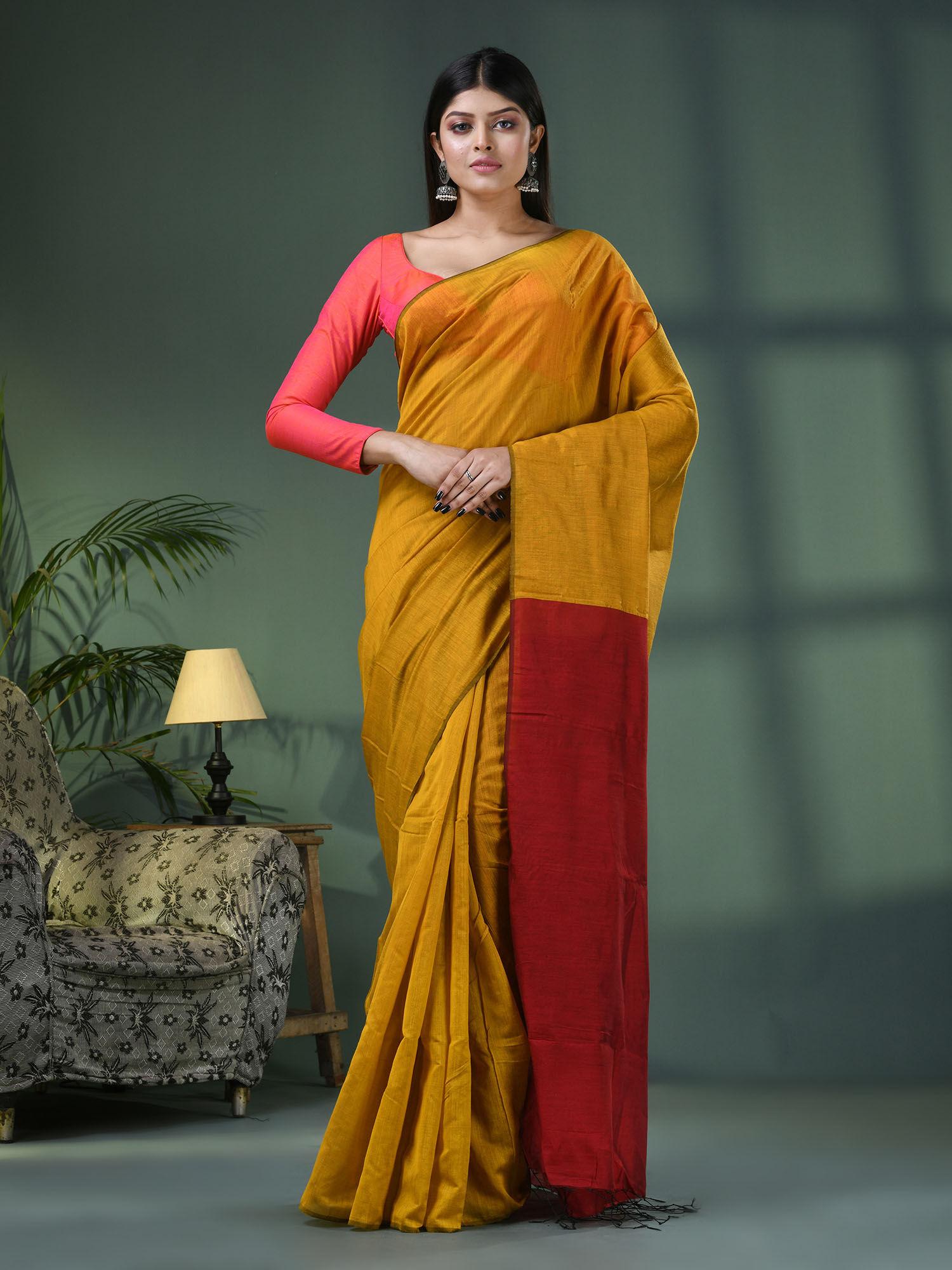 cotton blend yellow handloom saree with unstitched blouse