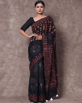 cotton block print saree with blouse piece