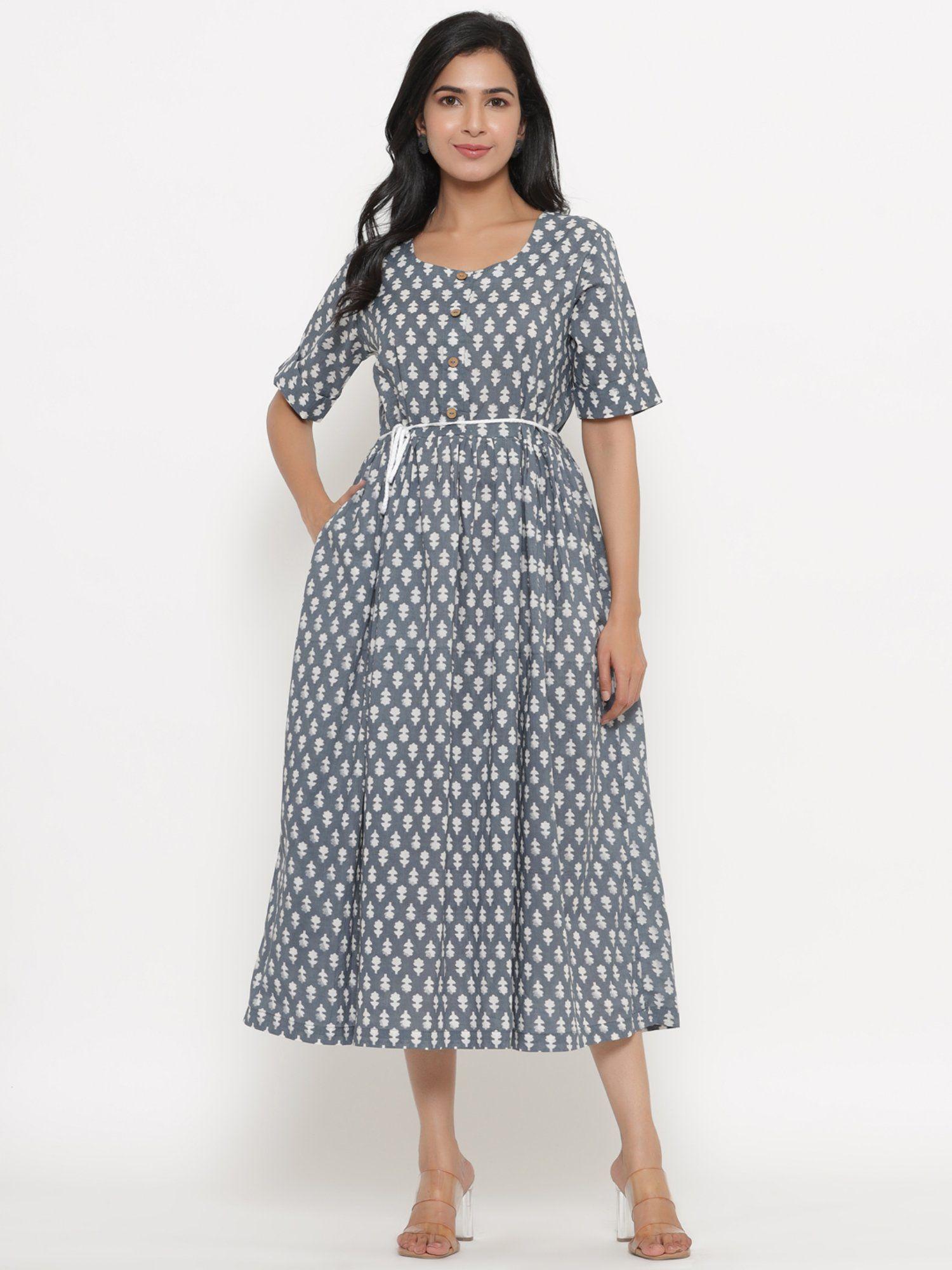 cotton block printed grey dress